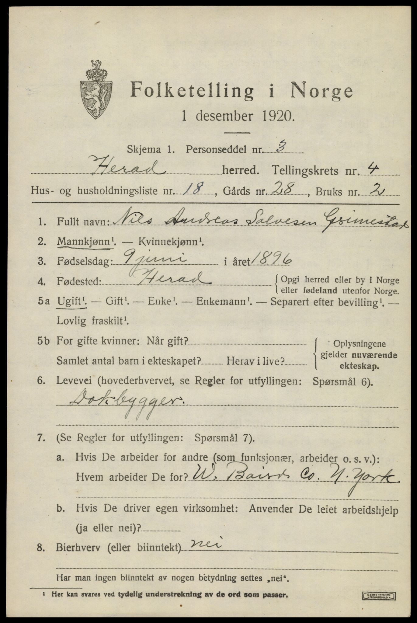 SAK, 1920 census for Herad, 1920, p. 1936