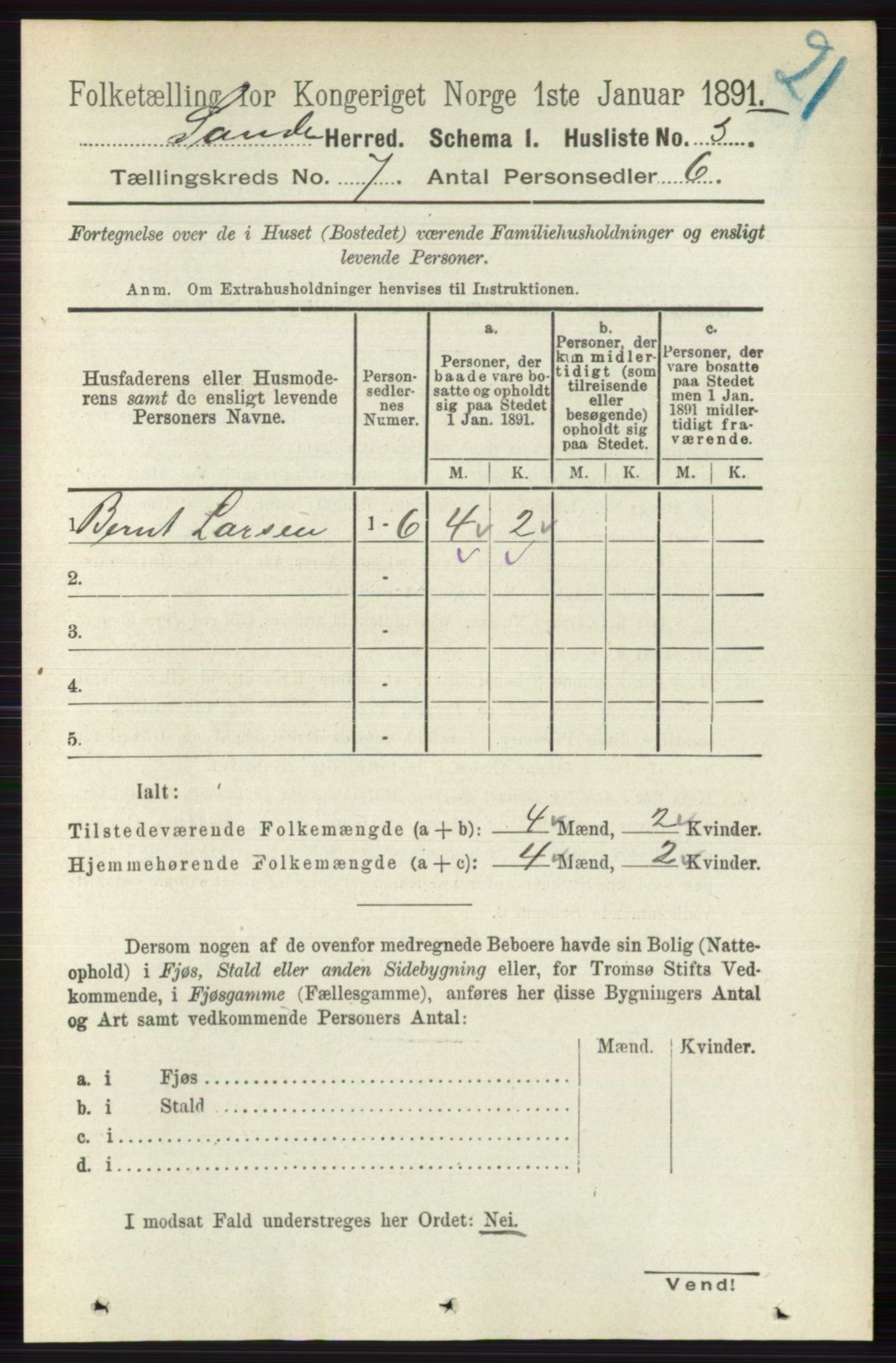 RA, 1891 census for 0713 Sande, 1891, p. 3084