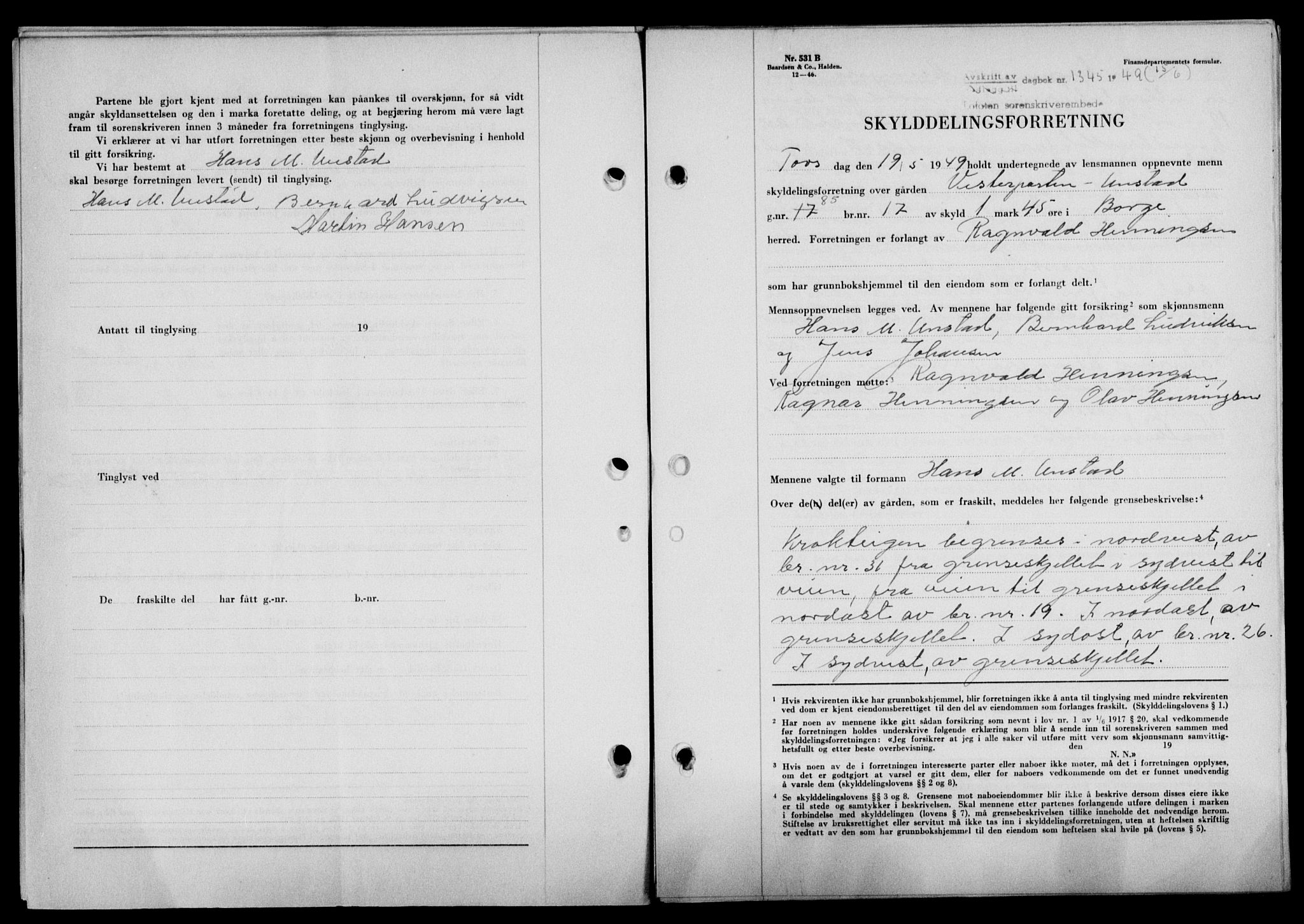 Lofoten sorenskriveri, SAT/A-0017/1/2/2C/L0021a: Mortgage book no. 21a, 1949-1949, Diary no: : 1345/1949