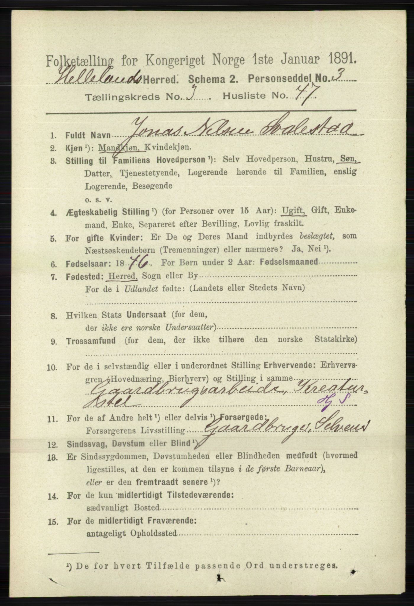 RA, 1891 census for 1115 Helleland, 1891, p. 1107