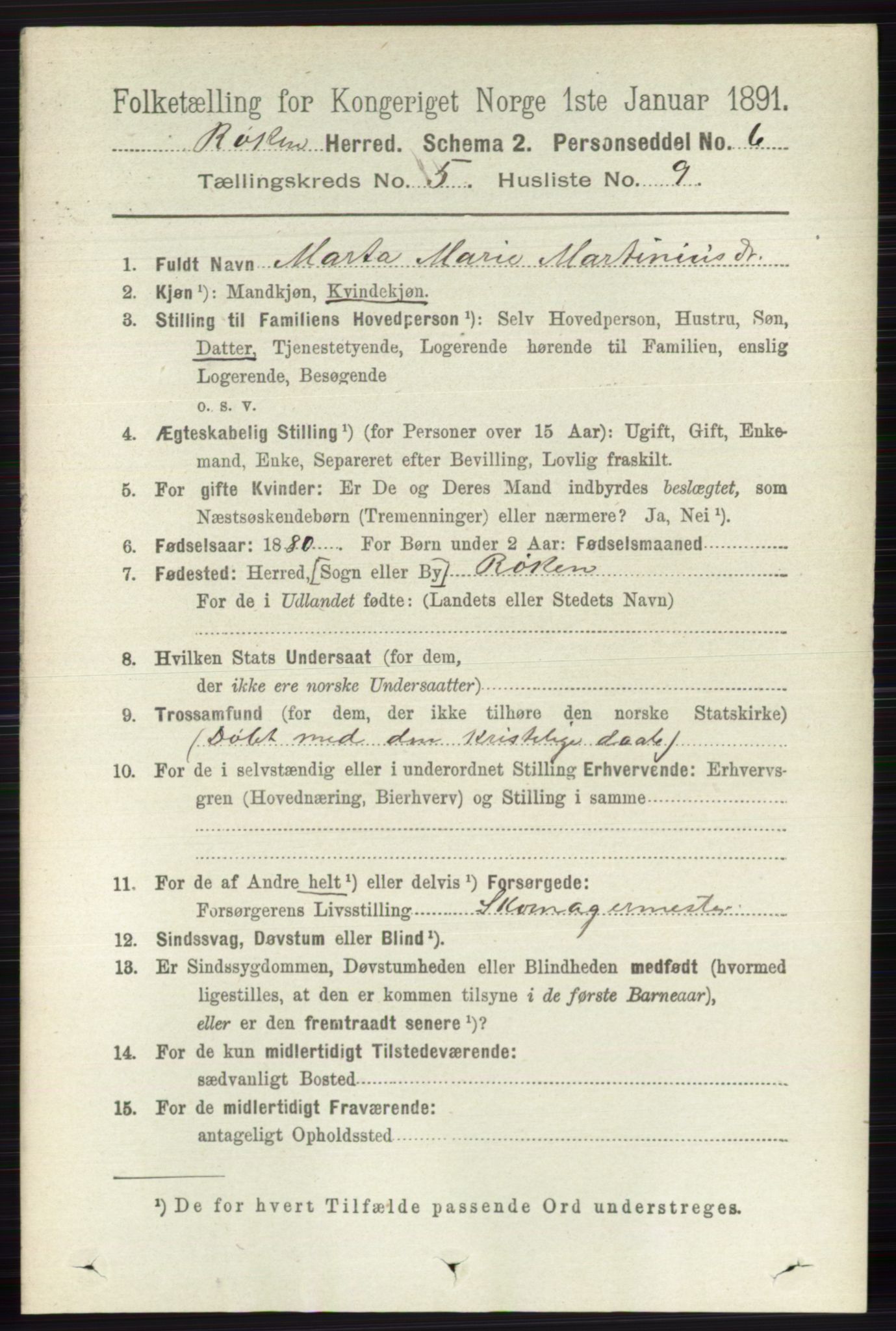 RA, 1891 census for 0627 Røyken, 1891, p. 2930