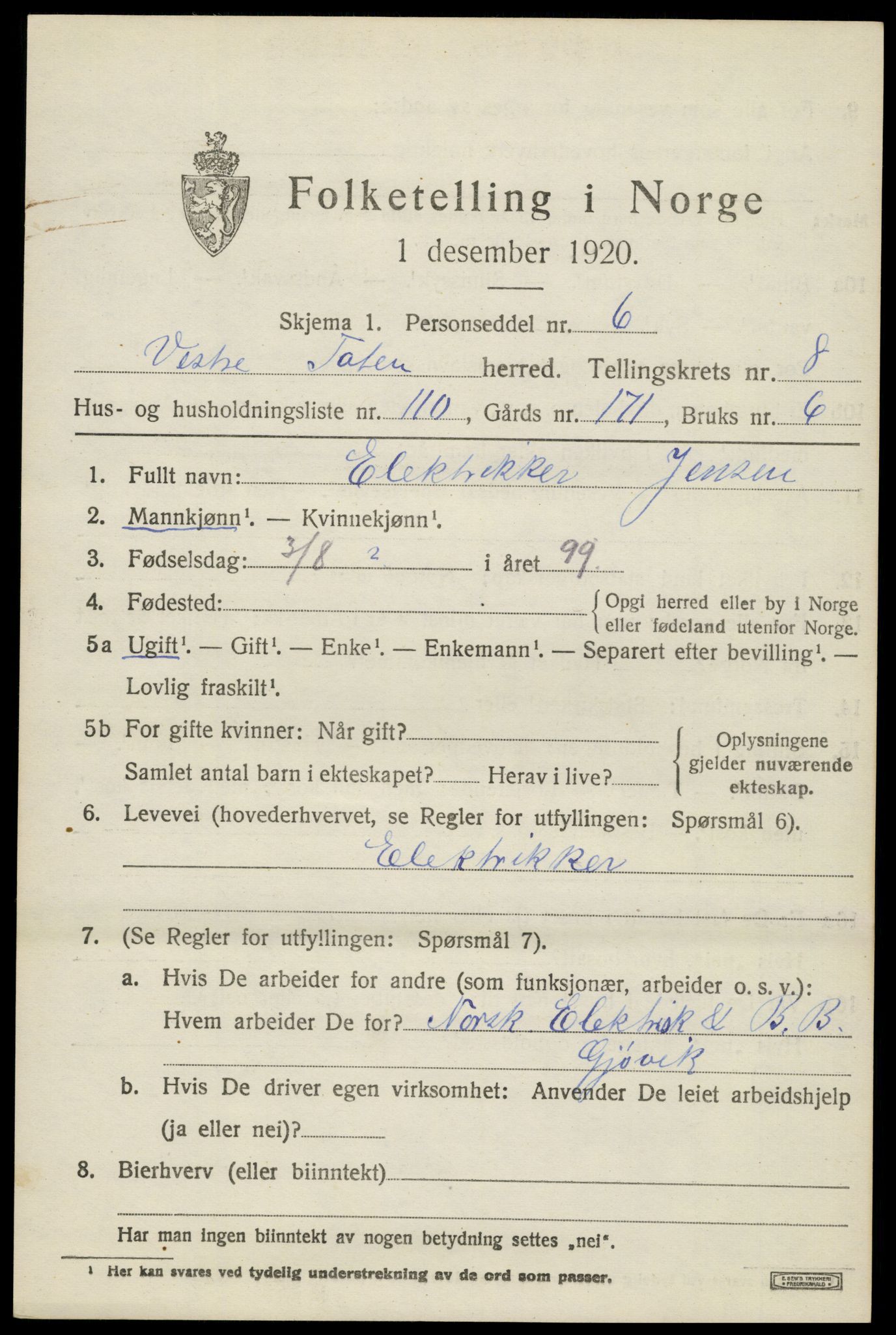 SAH, 1920 census for Vestre Toten, 1920, p. 11106