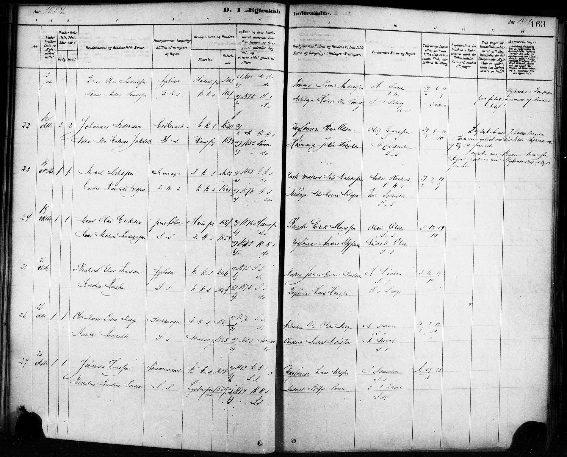 Sandviken Sokneprestembete, AV/SAB-A-77601/H/Ha/L0002: Parish register (official) no. A 2, 1878-1896, p. 163