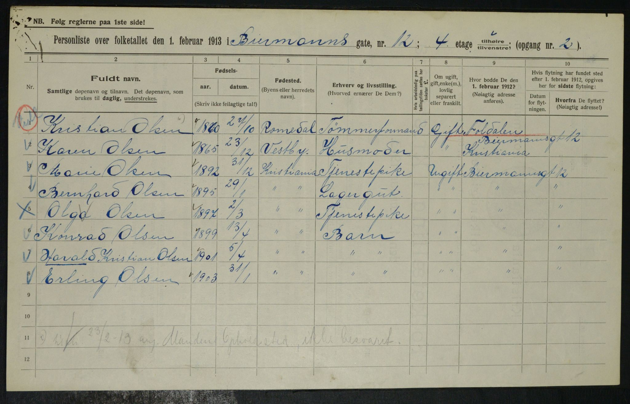 OBA, Municipal Census 1913 for Kristiania, 1913, p. 4756