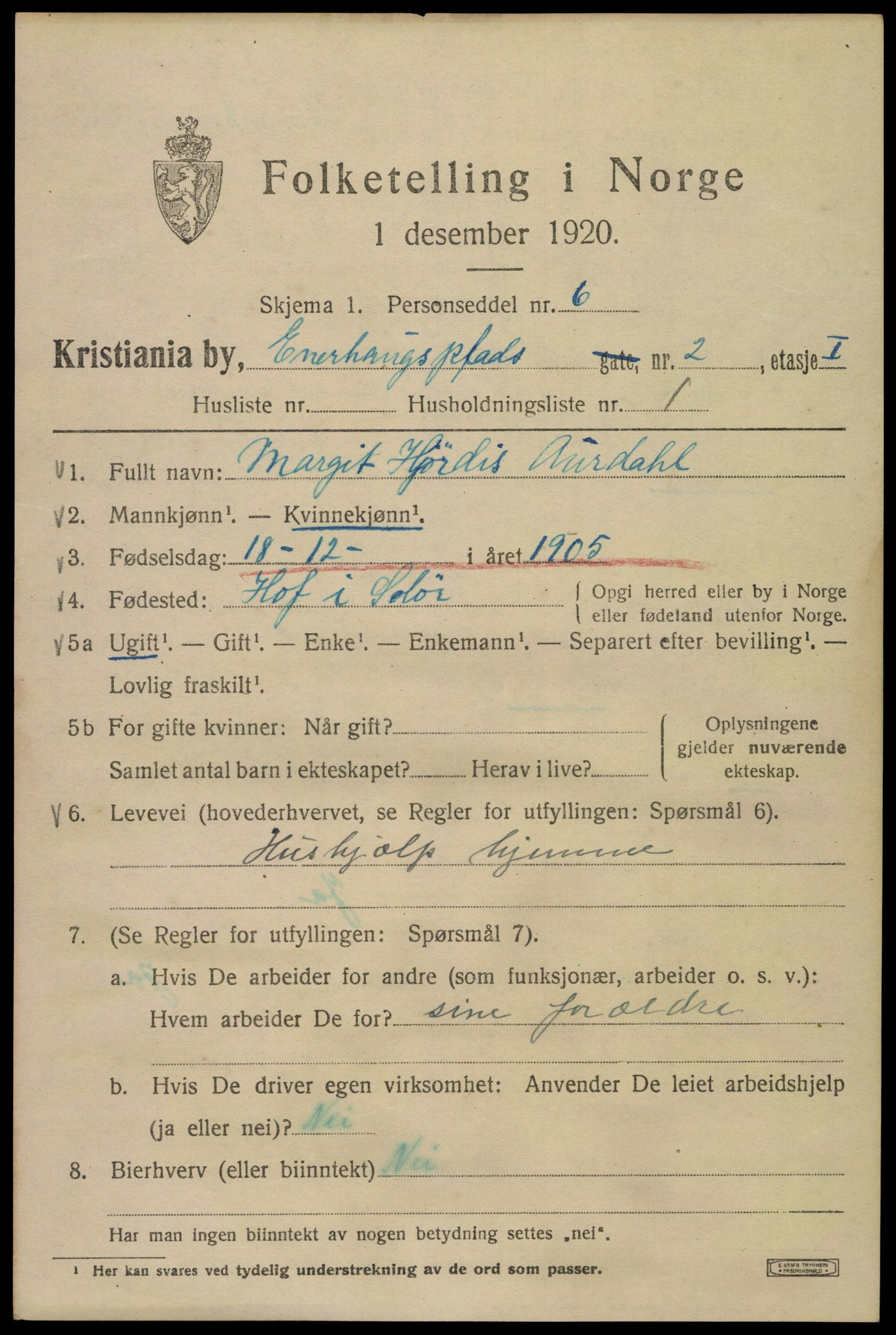 SAO, 1920 census for Kristiania, 1920, p. 218075