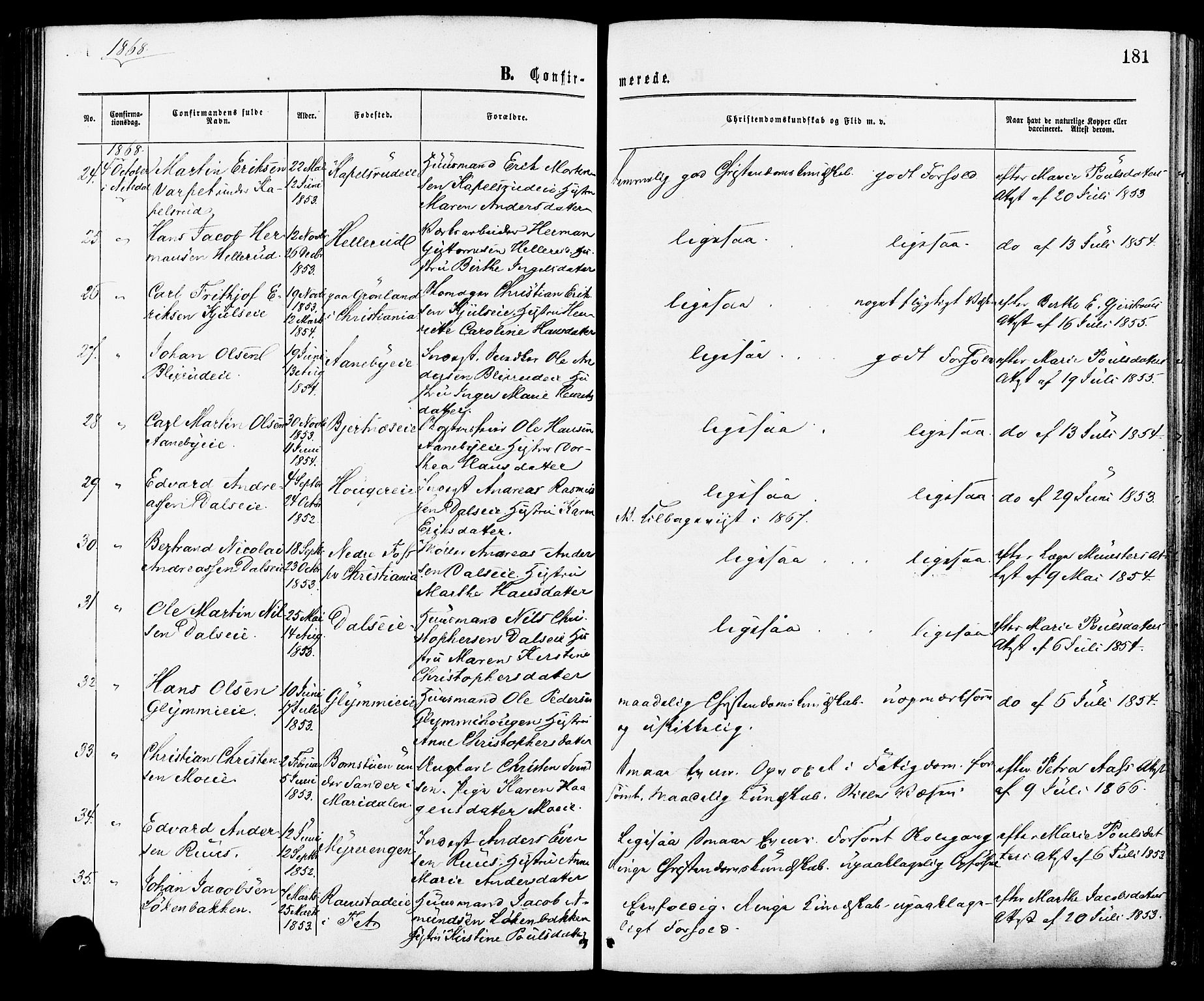 Nittedal prestekontor Kirkebøker, AV/SAO-A-10365a/F/Fa/L0006: Parish register (official) no. I 6, 1863-1878, p. 181