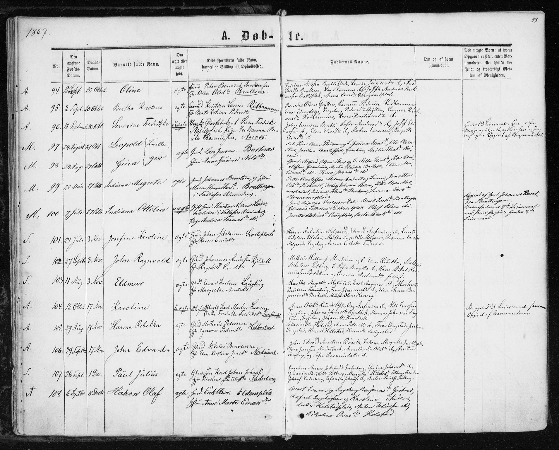 Ministerialprotokoller, klokkerbøker og fødselsregistre - Nord-Trøndelag, AV/SAT-A-1458/741/L0394: Parish register (official) no. 741A08, 1864-1877, p. 33