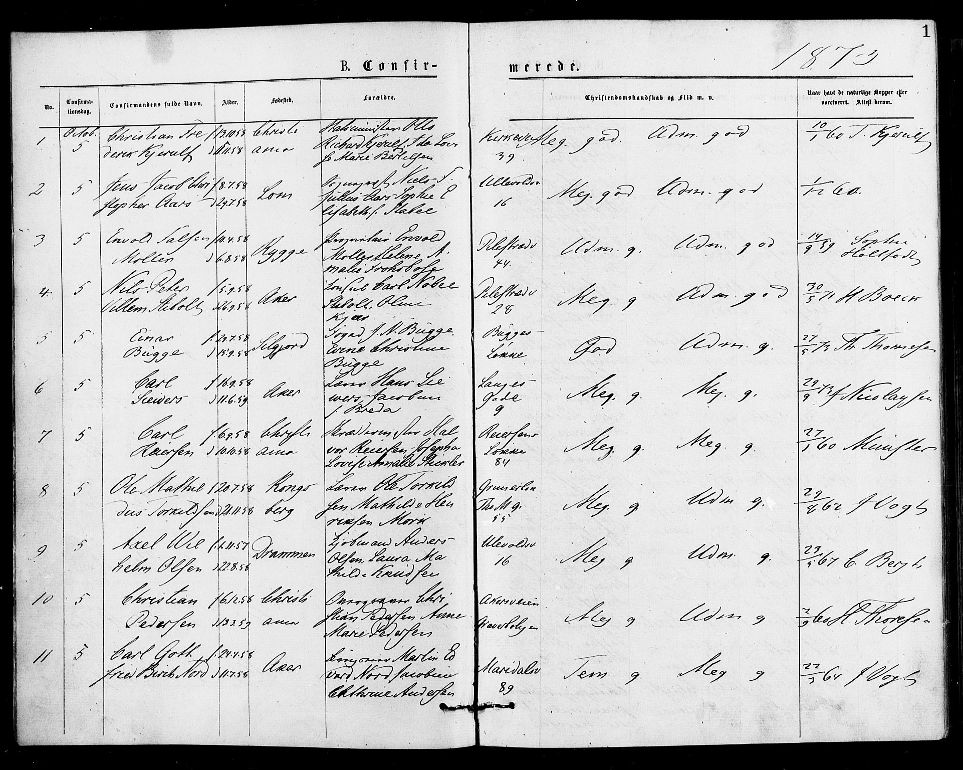 Gamle Aker prestekontor Kirkebøker, SAO/A-10617a/F/L0005: Parish register (official) no. 5, 1873-1881, p. 1