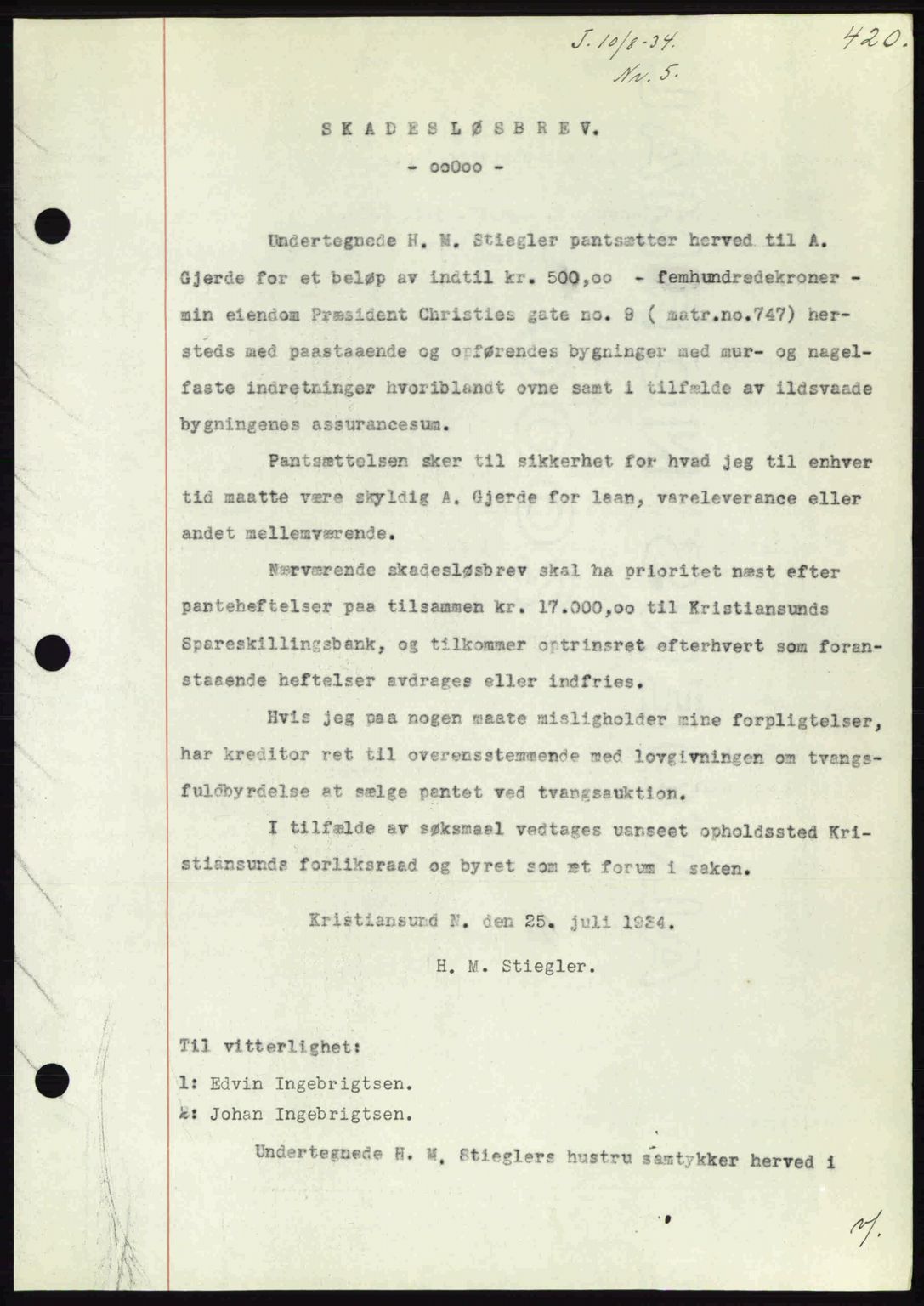 Kristiansund byfogd, AV/SAT-A-4587/A/27: Mortgage book no. 27, 1933-1934, Deed date: 10.08.1934