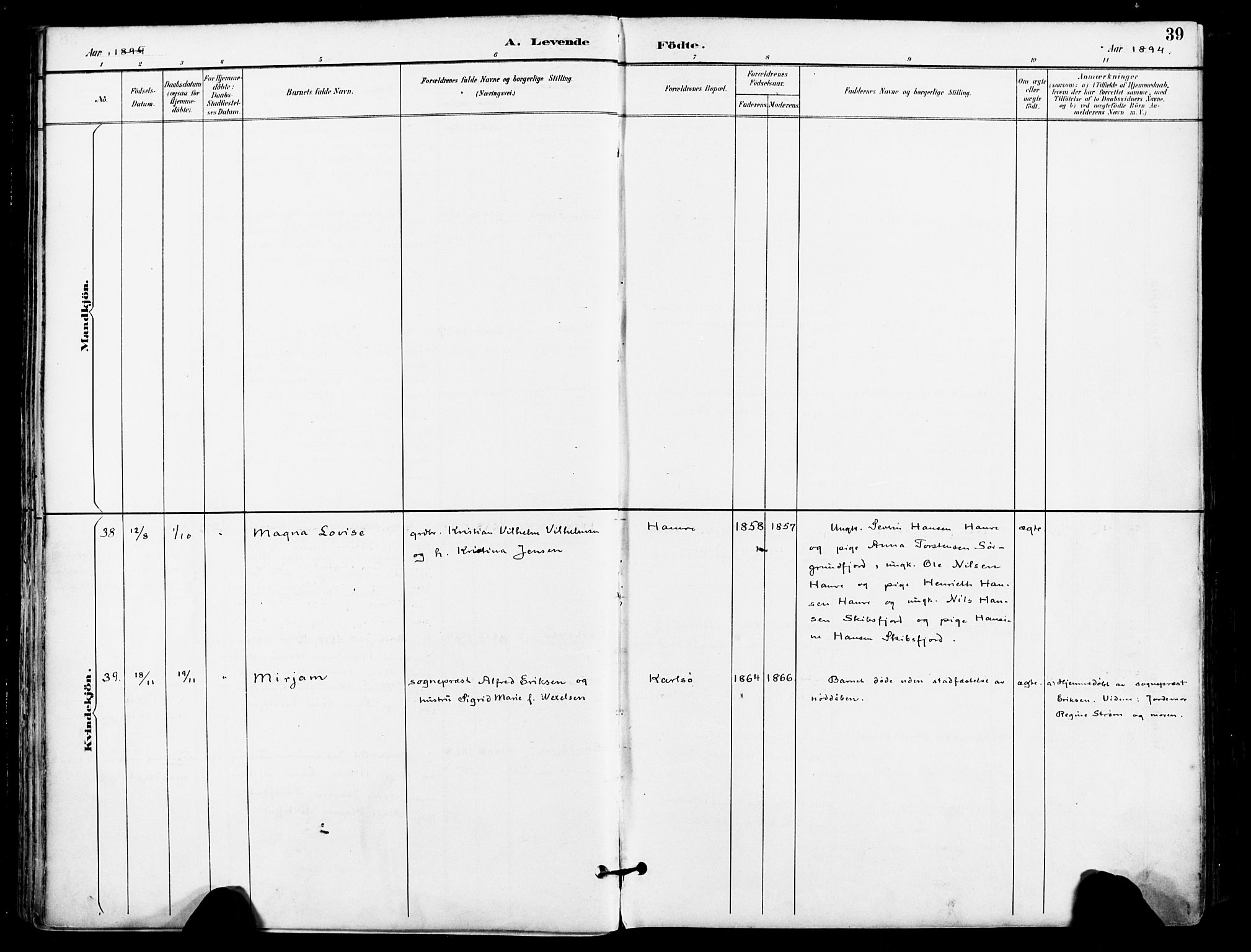 Karlsøy sokneprestembete, SATØ/S-1299/H/Ha/Haa/L0007kirke: Parish register (official) no. 7, 1891-1902, p. 39