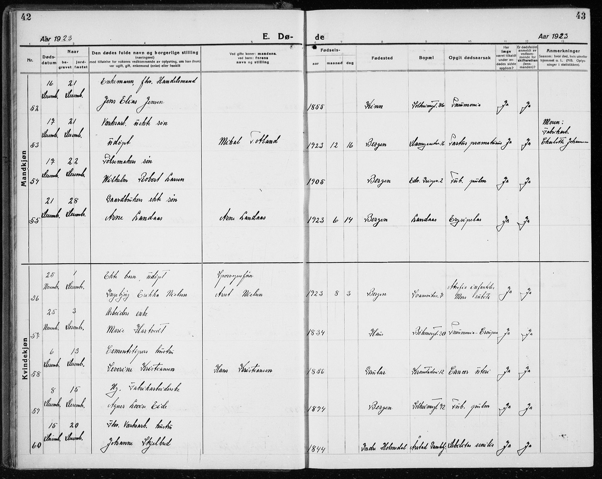 Årstad Sokneprestembete, AV/SAB-A-79301/H/Hab/L0025: Parish register (copy) no. D 2, 1922-1940, p. 42-43