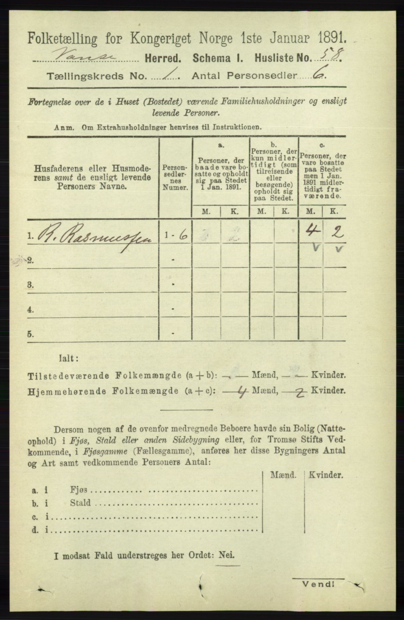 RA, 1891 census for 1041 Vanse, 1891, p. 109