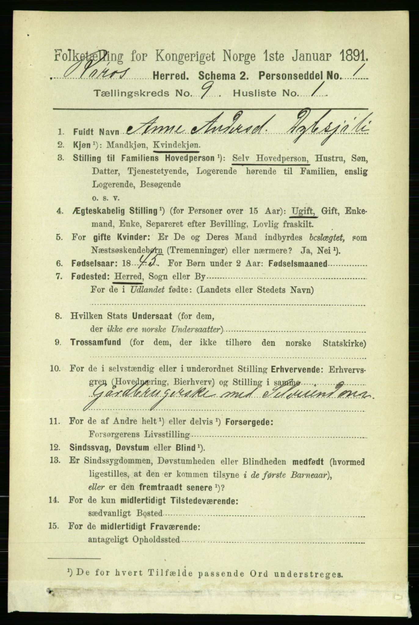 RA, 1891 census for 1640 Røros, 1891, p. 1822