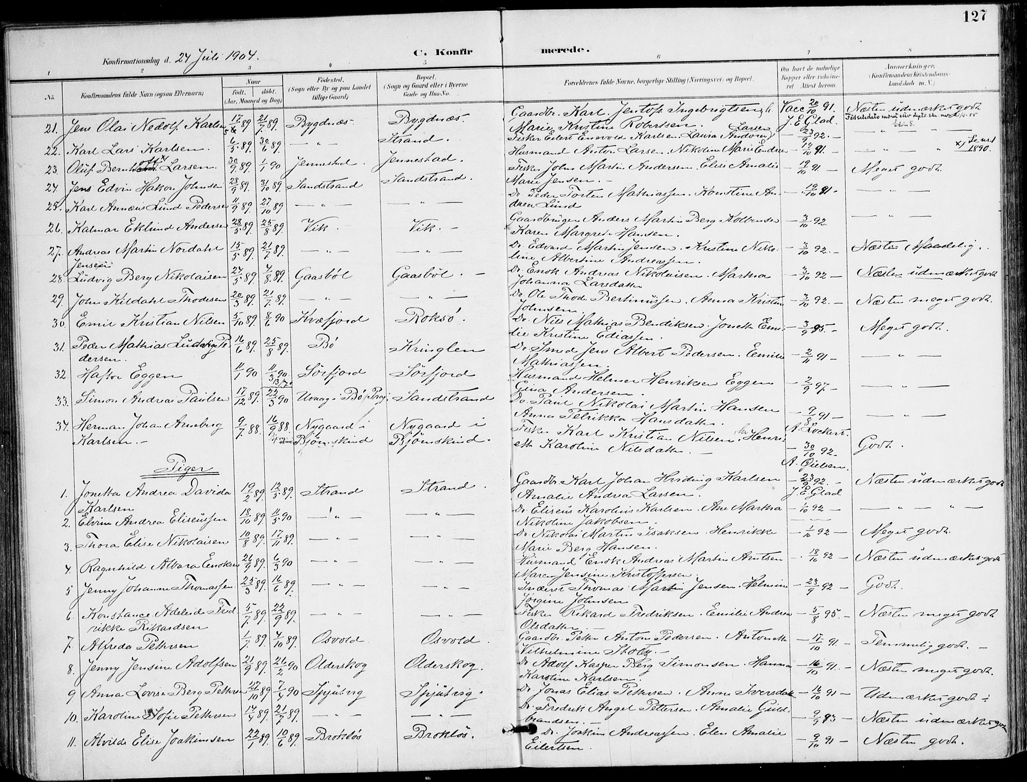 Ministerialprotokoller, klokkerbøker og fødselsregistre - Nordland, AV/SAT-A-1459/895/L1372: Parish register (official) no. 895A07, 1894-1914, p. 127