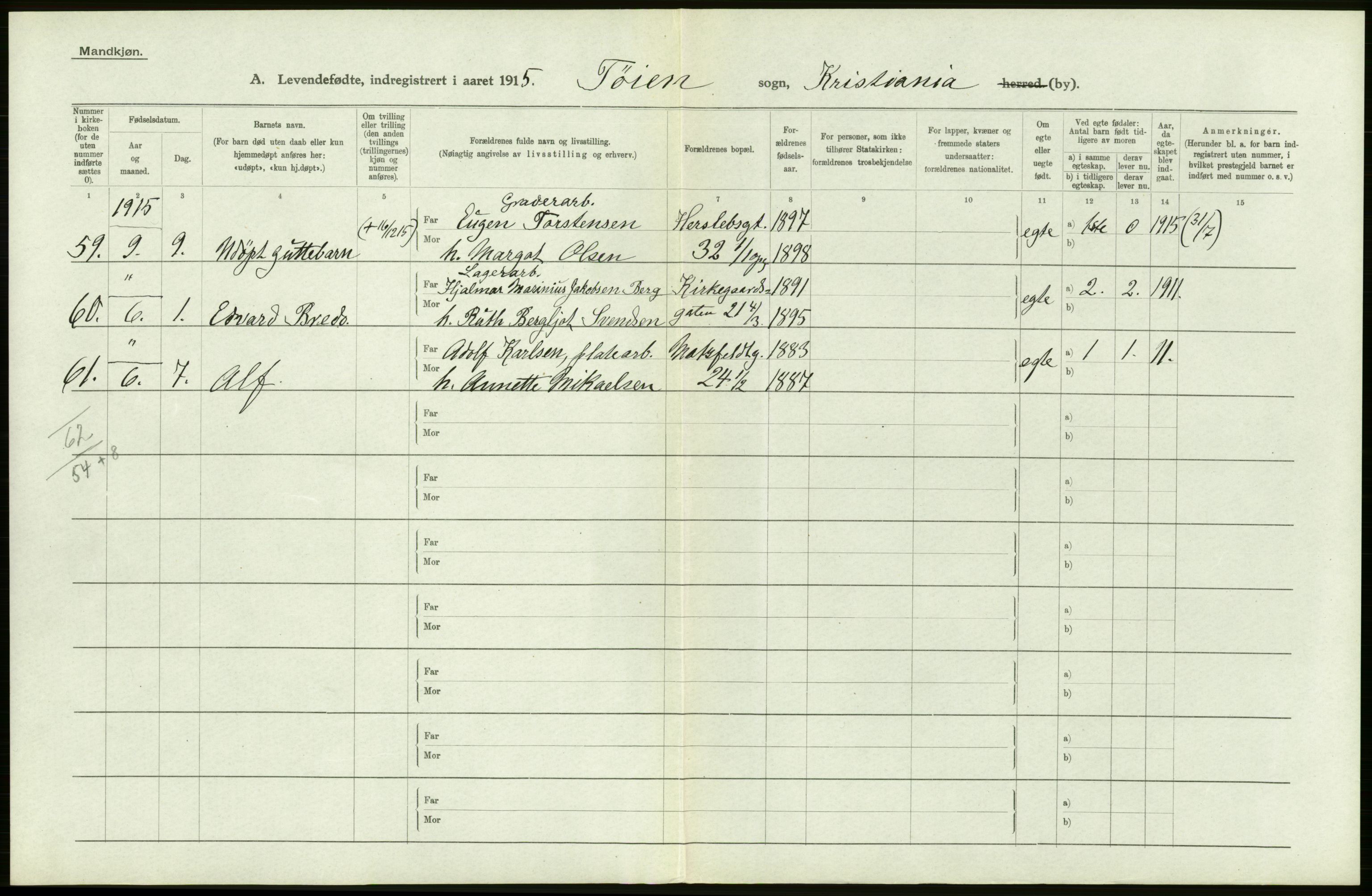 Statistisk sentralbyrå, Sosiodemografiske emner, Befolkning, RA/S-2228/D/Df/Dfb/Dfbe/L0006: Kristiania: Levendefødte menn og kvinner., 1915, p. 170