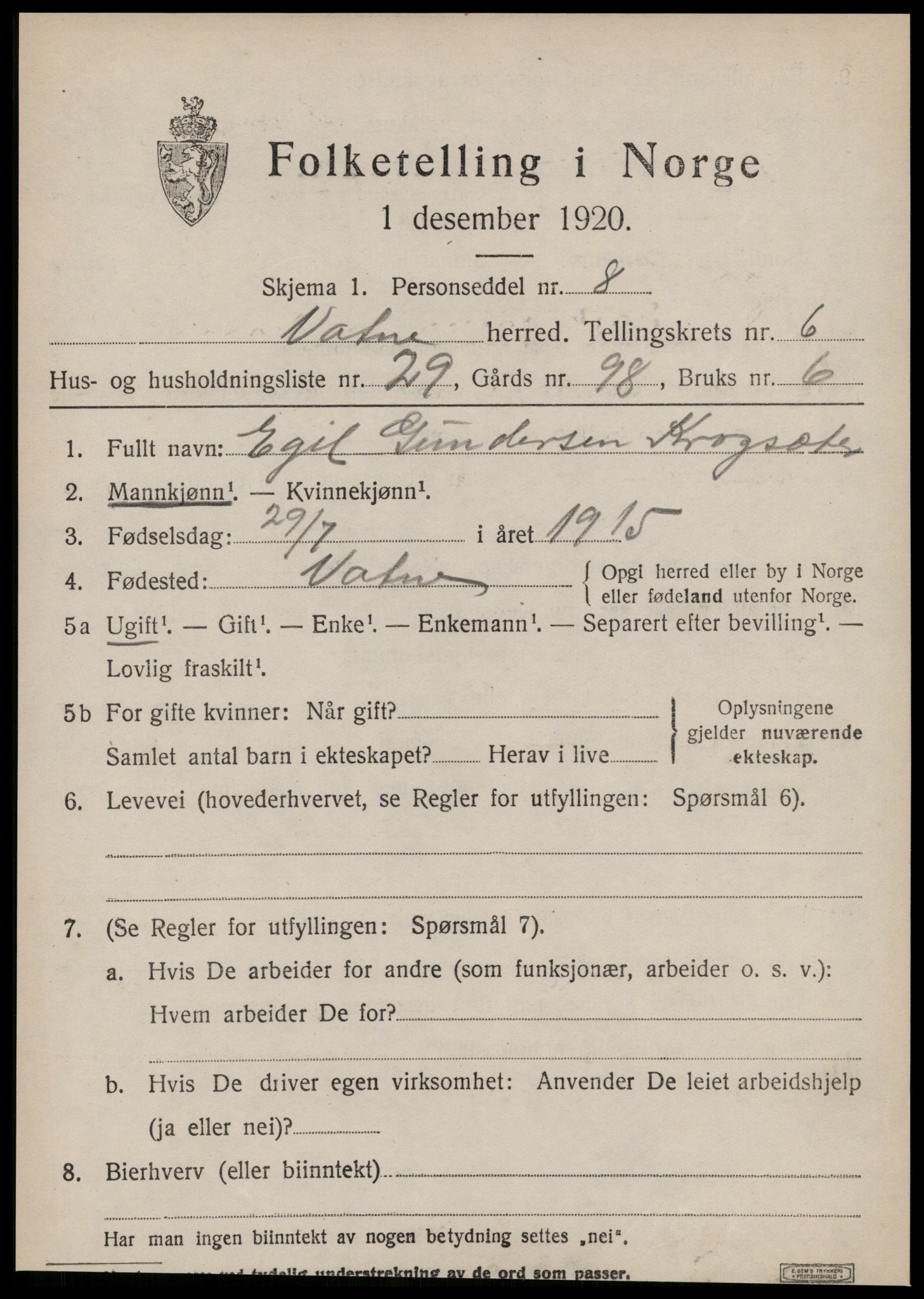 SAT, 1920 census for Vatne, 1920, p. 3110