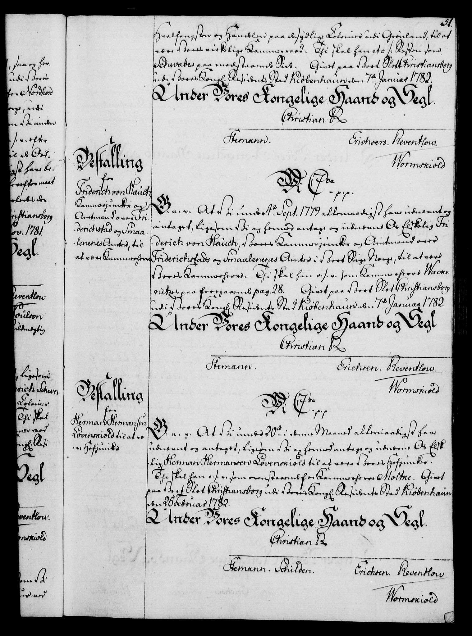Rentekammeret, Kammerkanselliet, RA/EA-3111/G/Gg/Gge/L0006: Norsk bestallingsprotokoll med register (merket RK 53.30), 1773-1814, p. 51