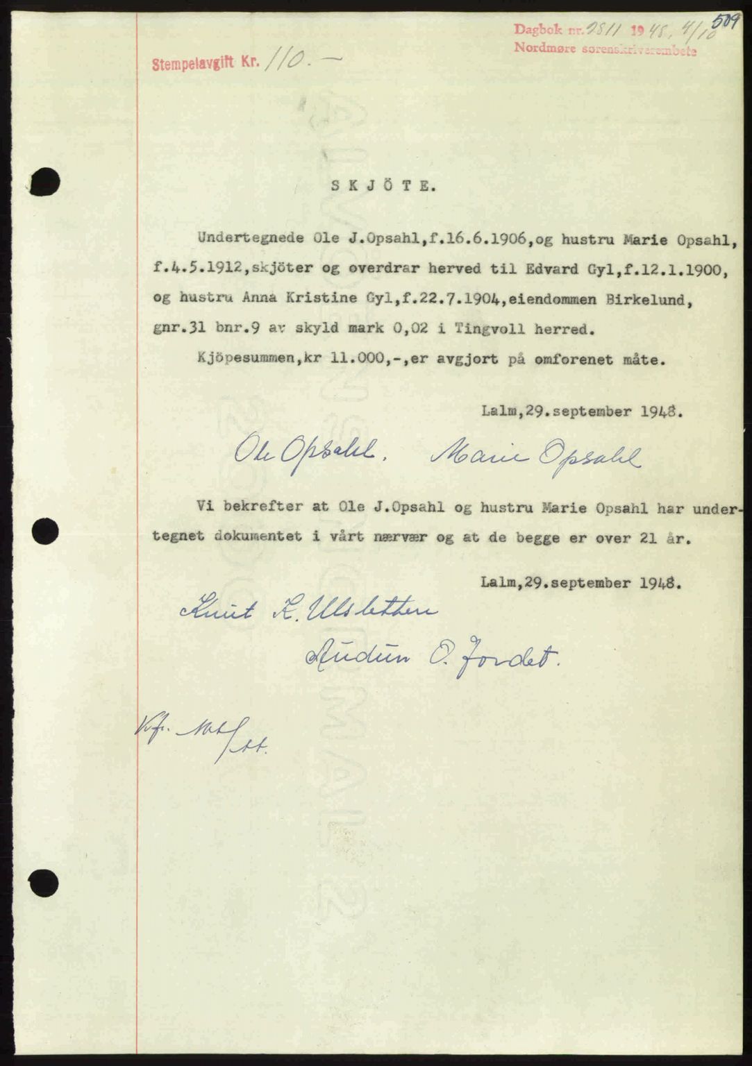 Nordmøre sorenskriveri, AV/SAT-A-4132/1/2/2Ca: Mortgage book no. A109, 1948-1948, Diary no: : 2811/1948