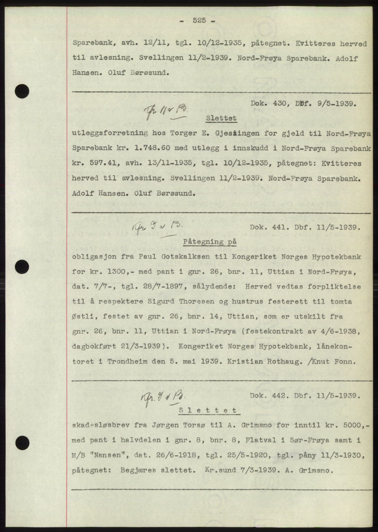 Hitra sorenskriveri, AV/SAT-A-0018/2/2C/2Ca: Mortgage book no. C1, 1936-1945, Diary no: : 441/1939