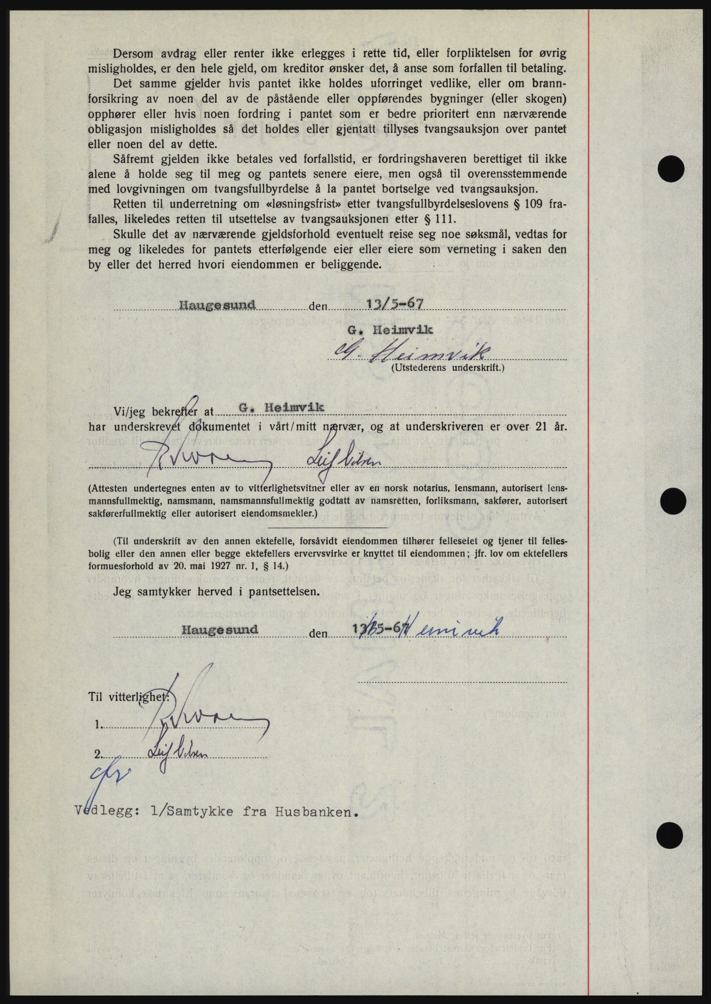 Haugesund tingrett, SAST/A-101415/01/II/IIC/L0056: Mortgage book no. B 56, 1966-1967, Diary no: : 1265/1967