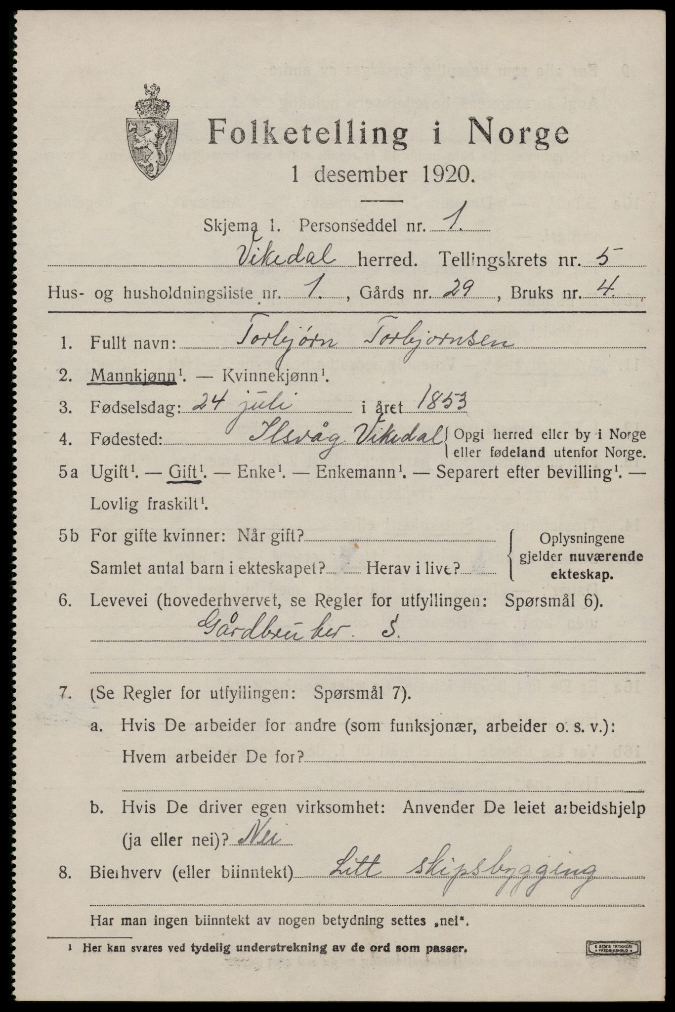 SAST, 1920 census for Vikedal, 1920, p. 2329