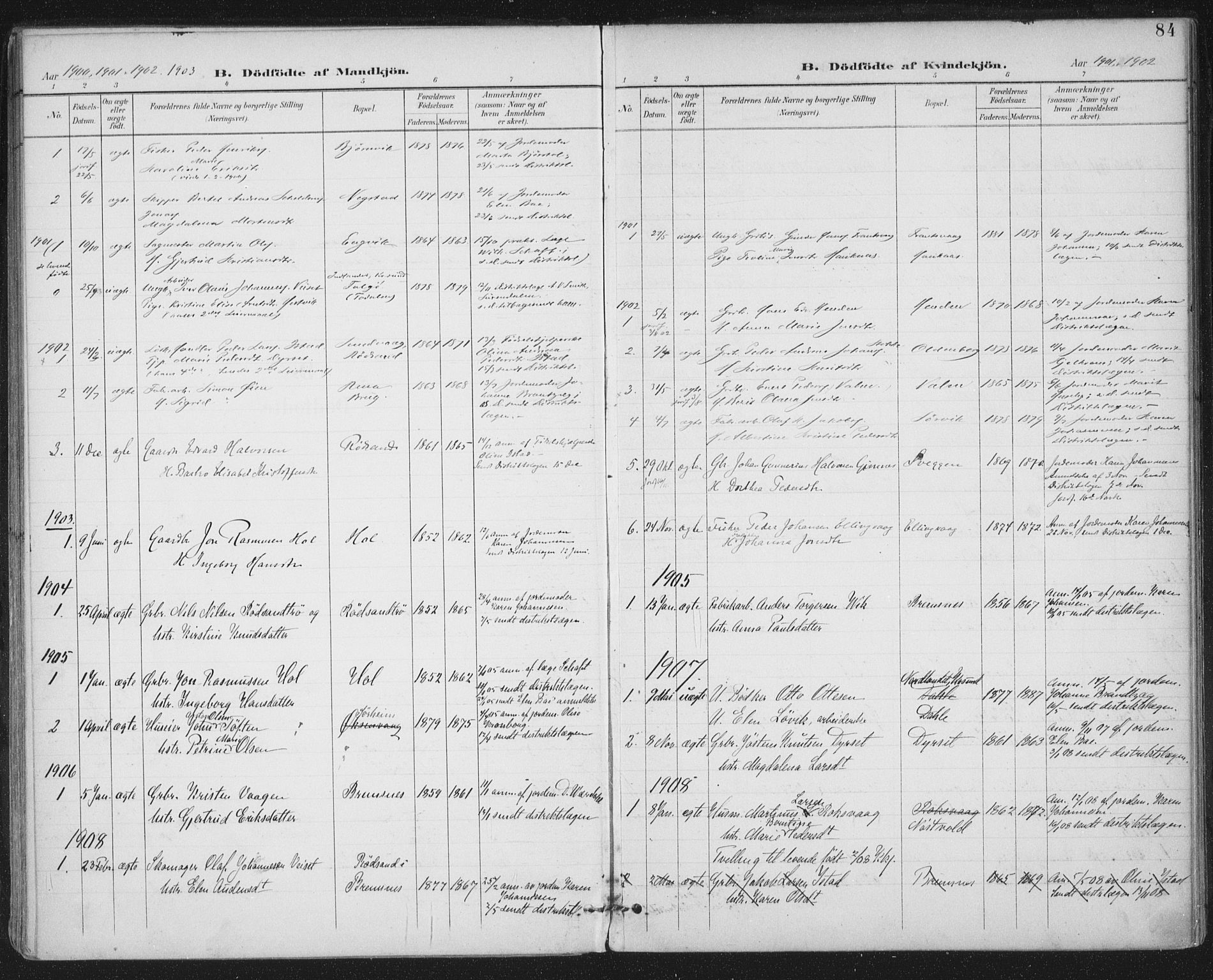 Ministerialprotokoller, klokkerbøker og fødselsregistre - Møre og Romsdal, SAT/A-1454/569/L0820: Parish register (official) no. 569A06, 1900-1911, p. 84