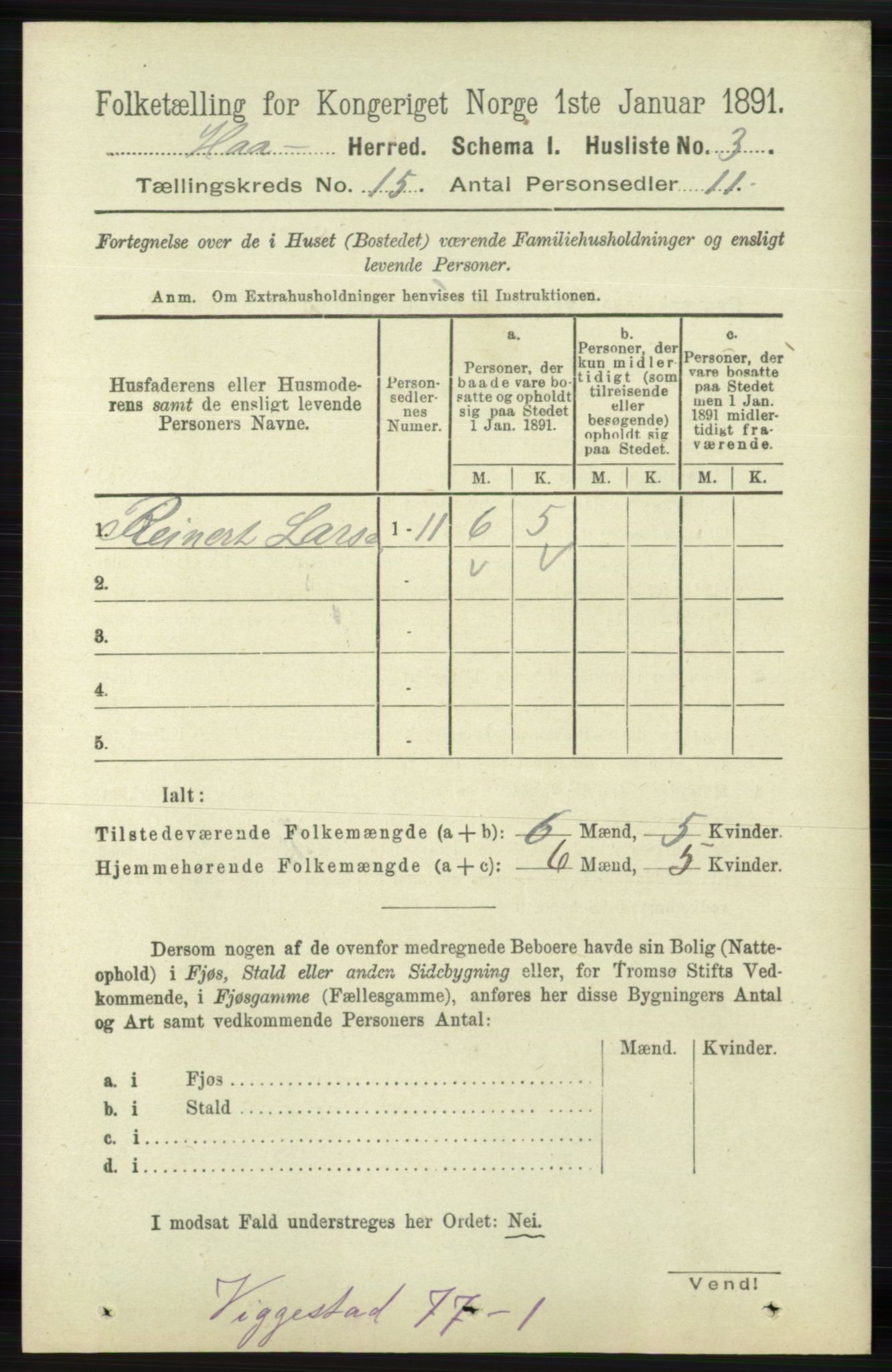 RA, 1891 census for 1119 Hå, 1891, p. 3582