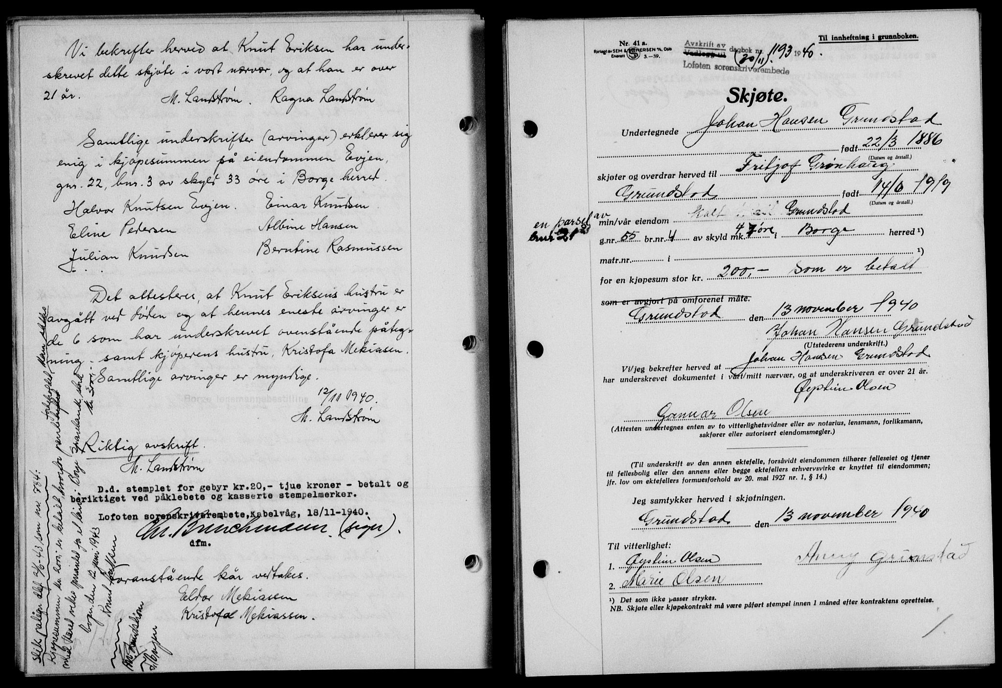 Lofoten sorenskriveri, SAT/A-0017/1/2/2C/L0008a: Mortgage book no. 8a, 1940-1941, Diary no: : 1193/1940
