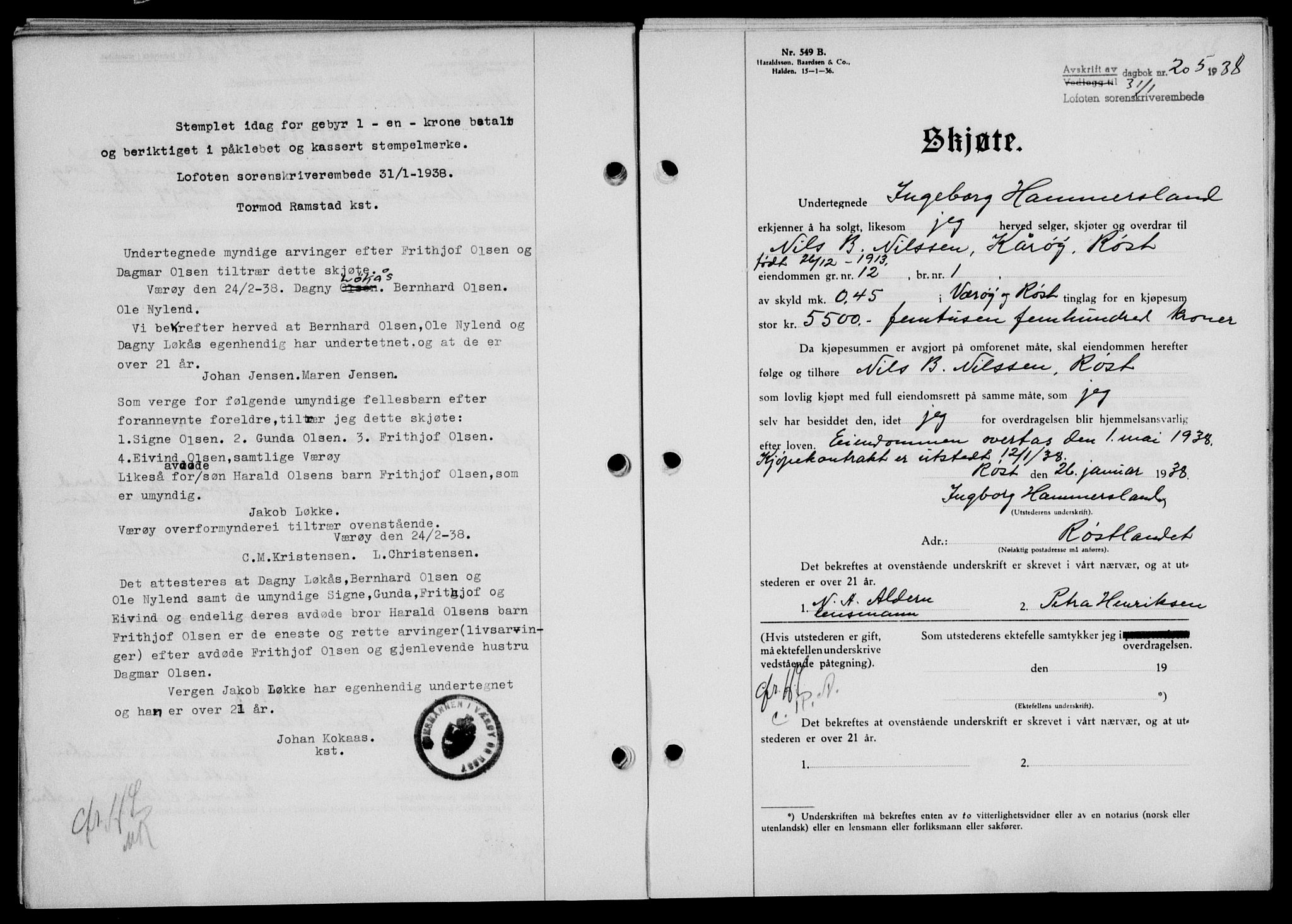 Lofoten sorenskriveri, SAT/A-0017/1/2/2C/L0003a: Mortgage book no. 3a, 1937-1938, Diary no: : 205/1938