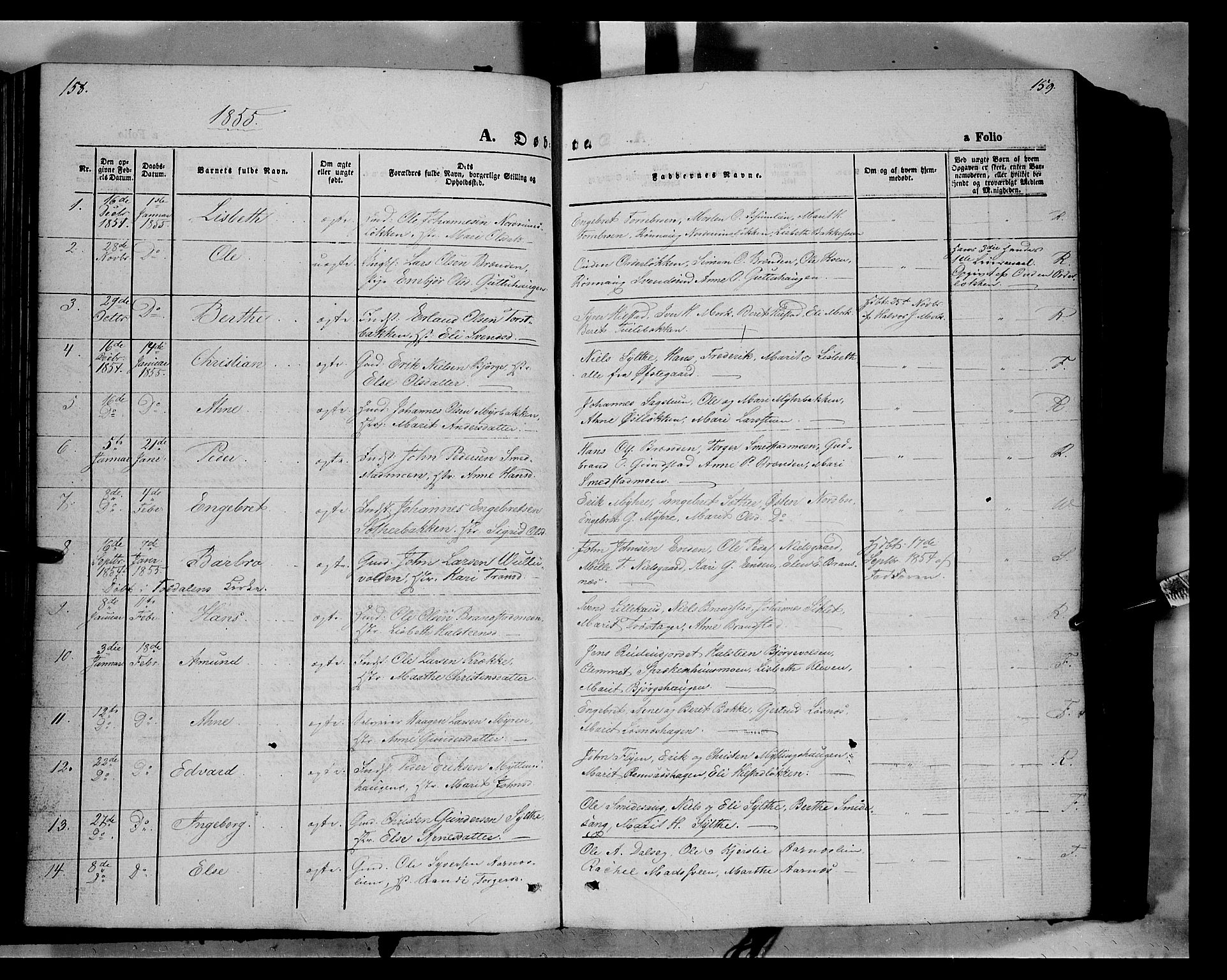 Ringebu prestekontor, SAH/PREST-082/H/Ha/Haa/L0006: Parish register (official) no. 6, 1848-1859, p. 158-159