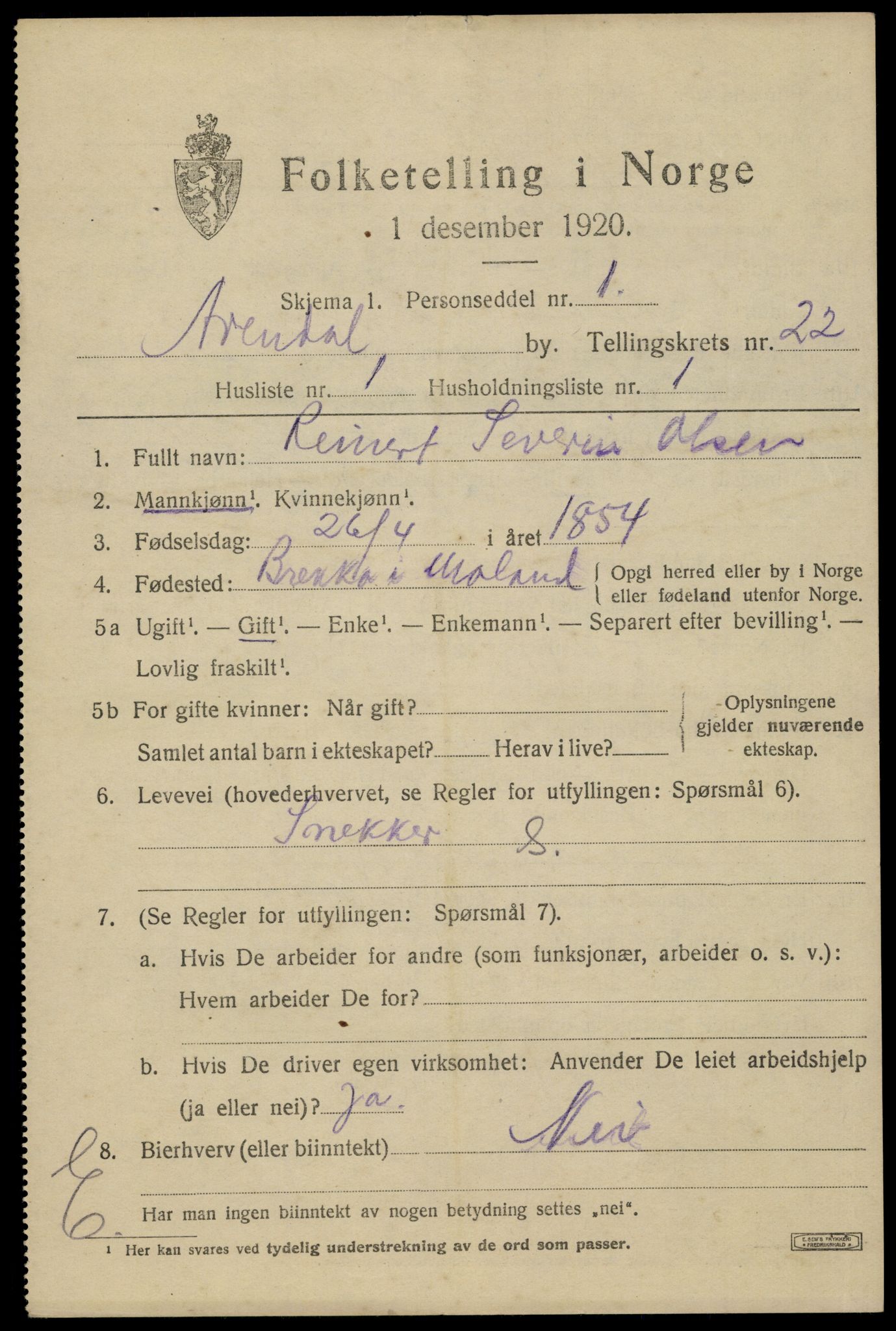 SAK, 1920 census for Arendal, 1920, p. 28126