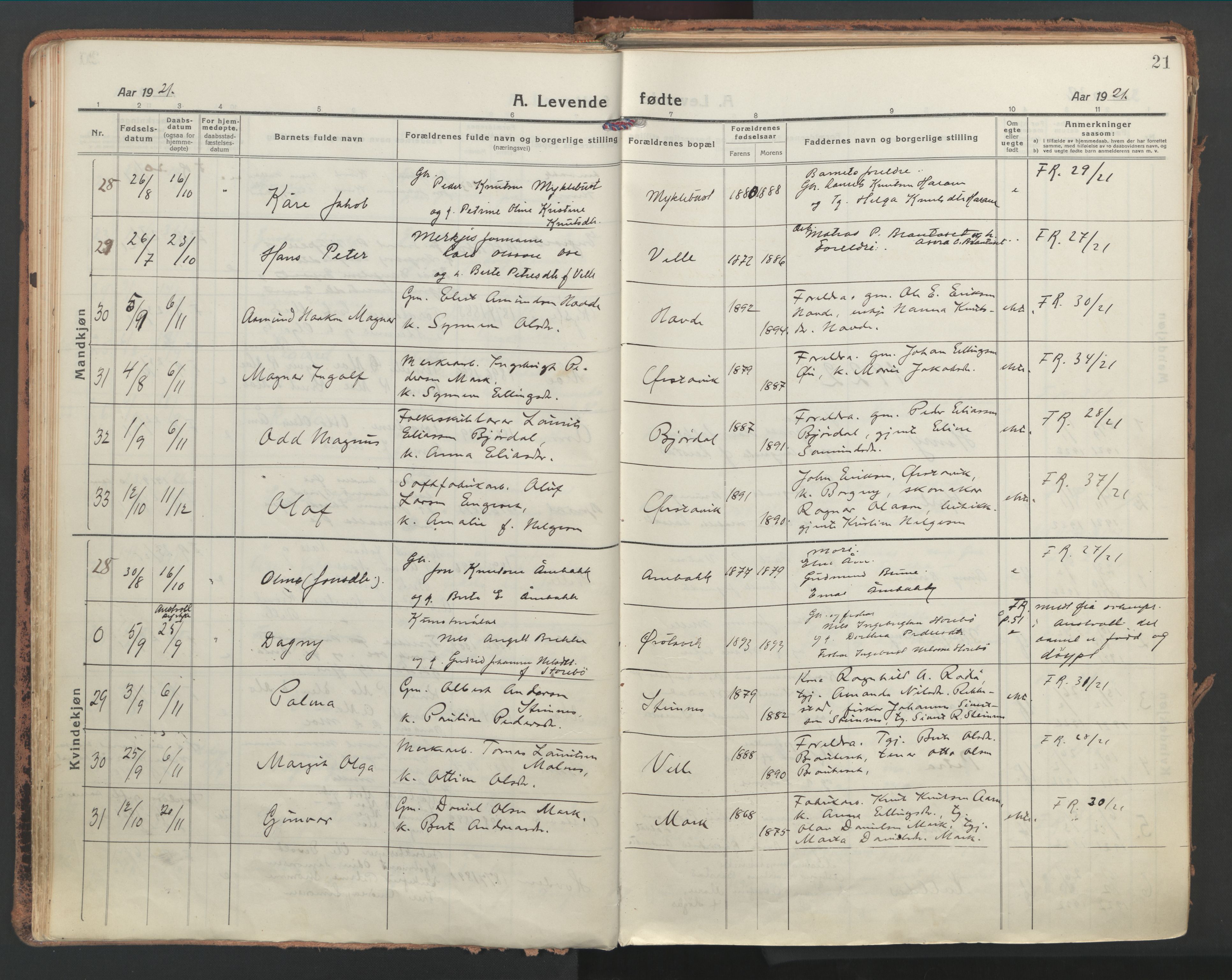 Ministerialprotokoller, klokkerbøker og fødselsregistre - Møre og Romsdal, AV/SAT-A-1454/513/L0180: Parish register (official) no. 513A07, 1919-1929, p. 21
