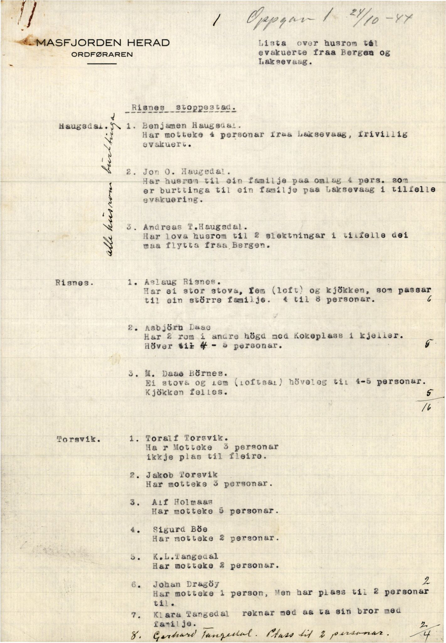 Masfjorden kommune. Formannskapet, IKAH/1266-021/E/Ea/L0004/0001: E - J / Evakuerte frå Bergen og Laksevåg, 1944