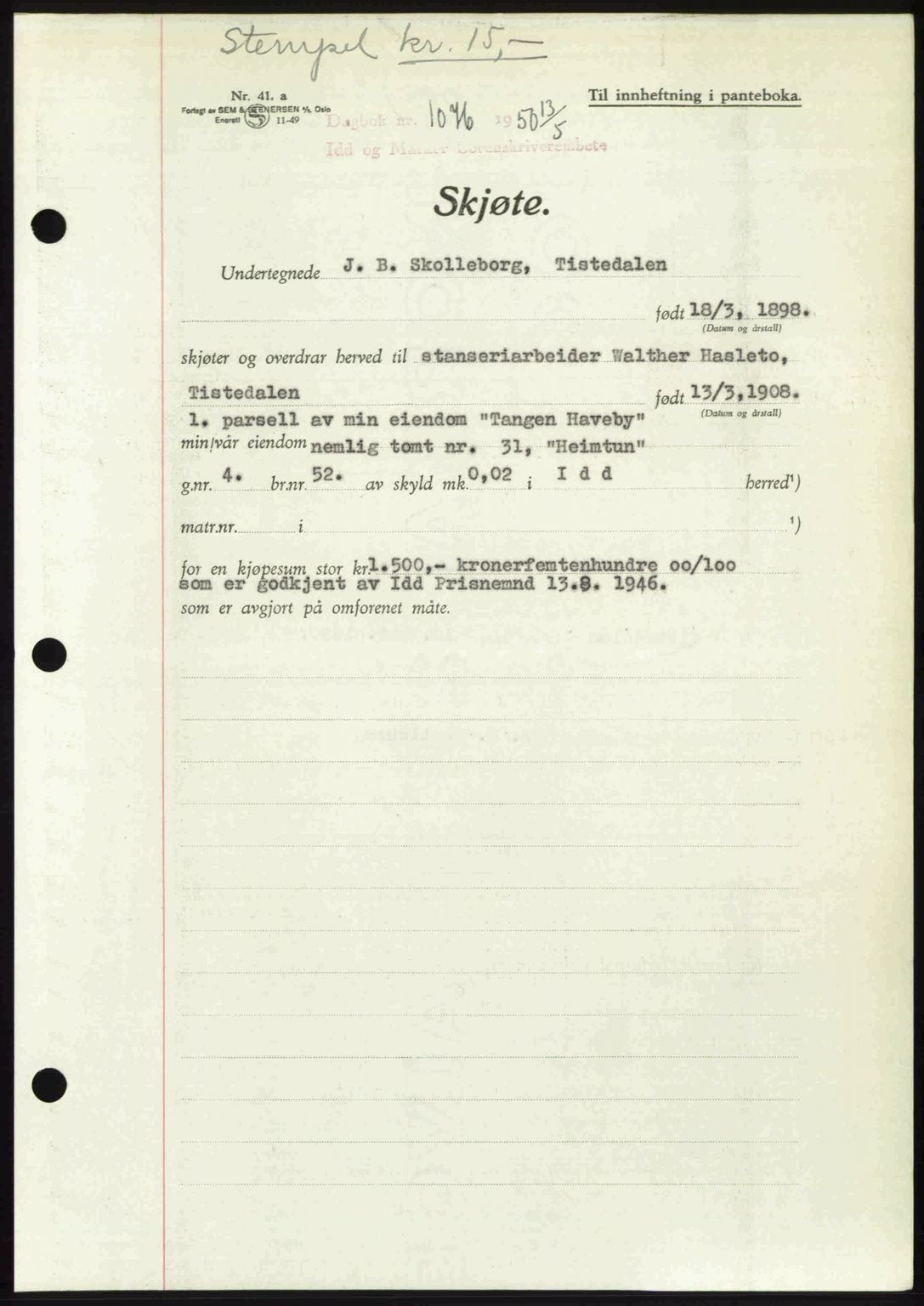 Idd og Marker sorenskriveri, AV/SAO-A-10283/G/Gb/Gbb/L0014: Mortgage book no. A14, 1950-1950, Diary no: : 1076/1950