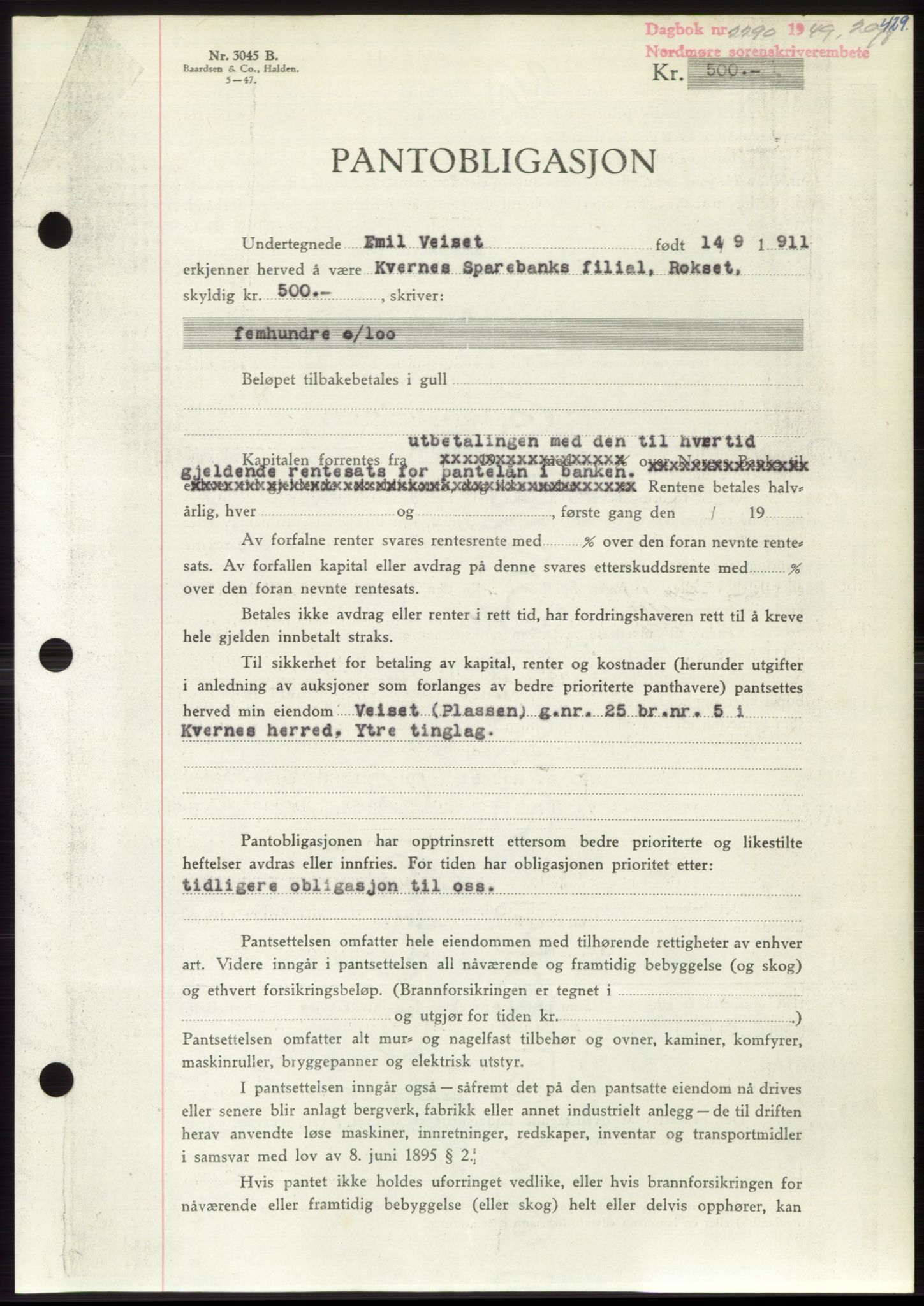 Nordmøre sorenskriveri, AV/SAT-A-4132/1/2/2Ca: Mortgage book no. B102, 1949-1949, Diary no: : 2290/1949