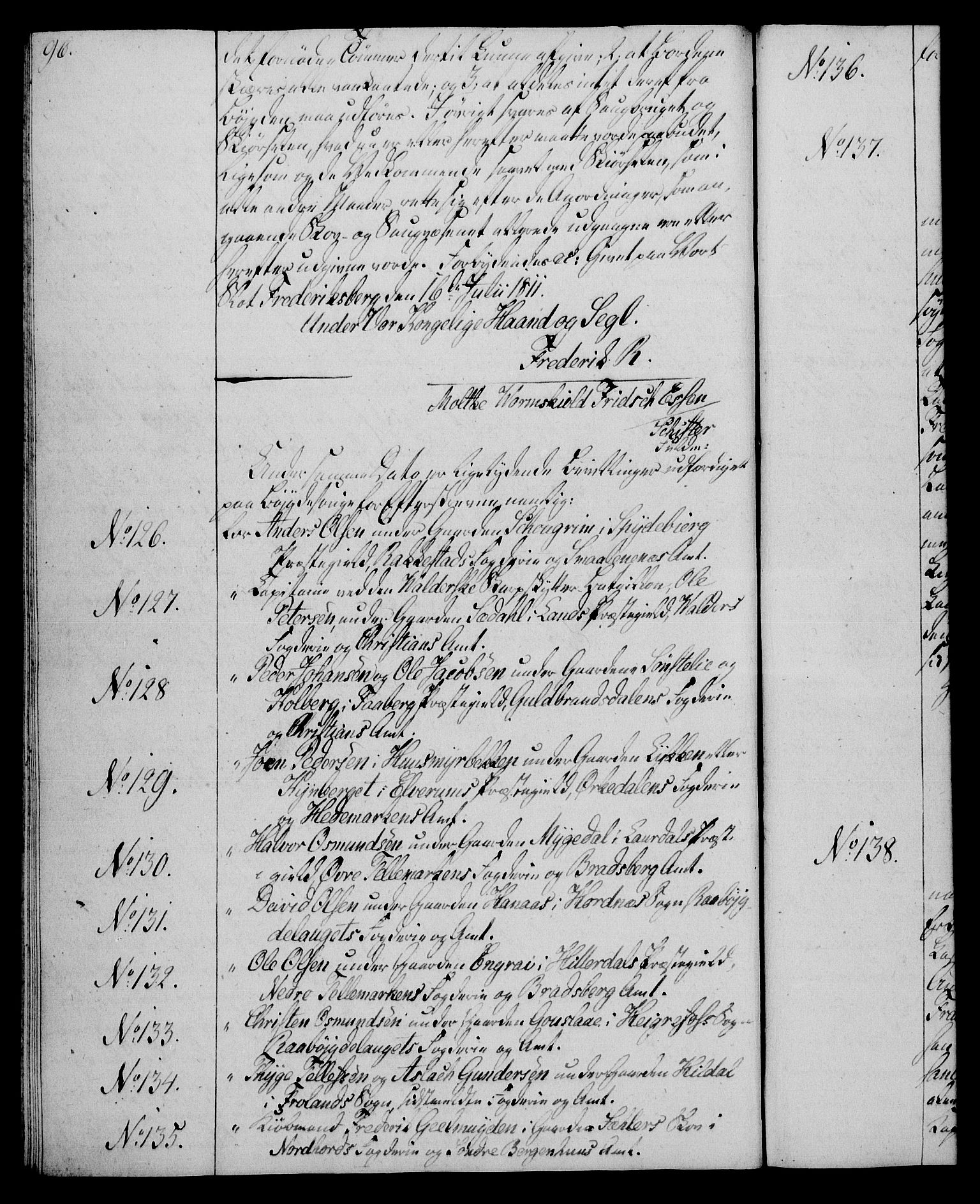 Rentekammeret, Kammerkanselliet, AV/RA-EA-3111/G/Gg/Gga/L0020: Norsk ekspedisjonsprotokoll med register (merket RK 53.20), 1811-1814, p. 96