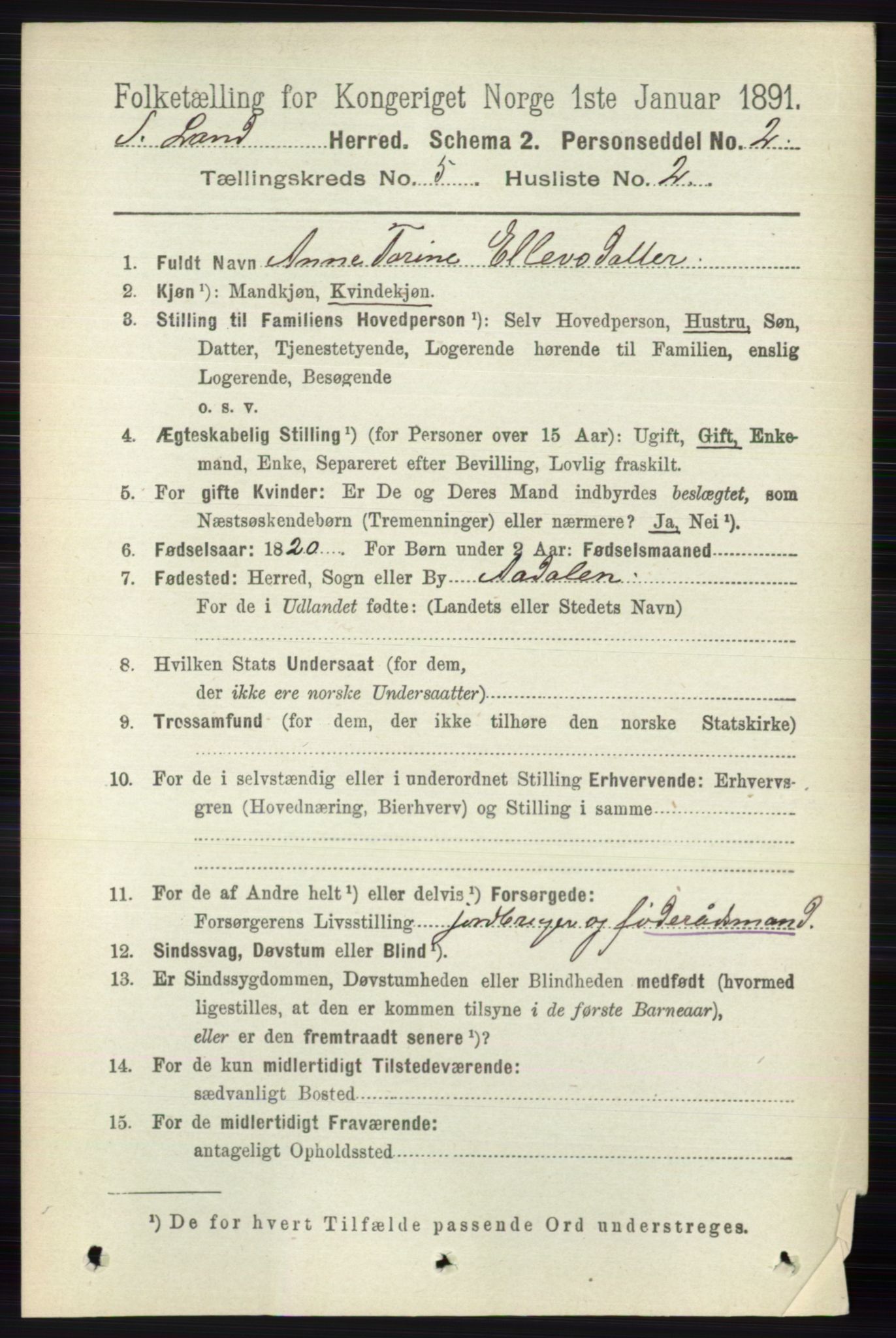 RA, 1891 census for 0536 Søndre Land, 1891, p. 4815