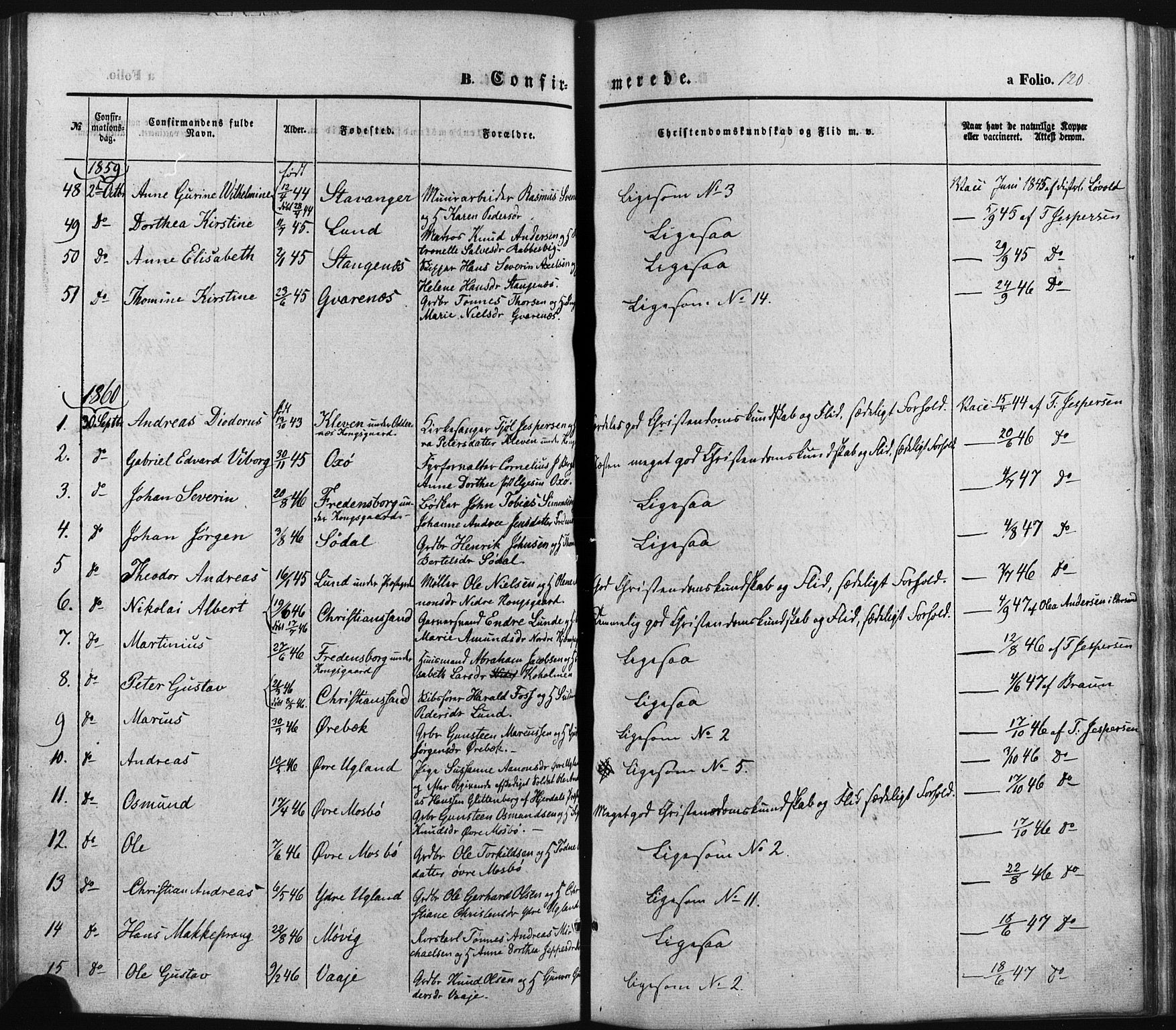 Oddernes sokneprestkontor, SAK/1111-0033/F/Fa/Faa/L0007: Parish register (official) no. A 7, 1851-1863, p. 120