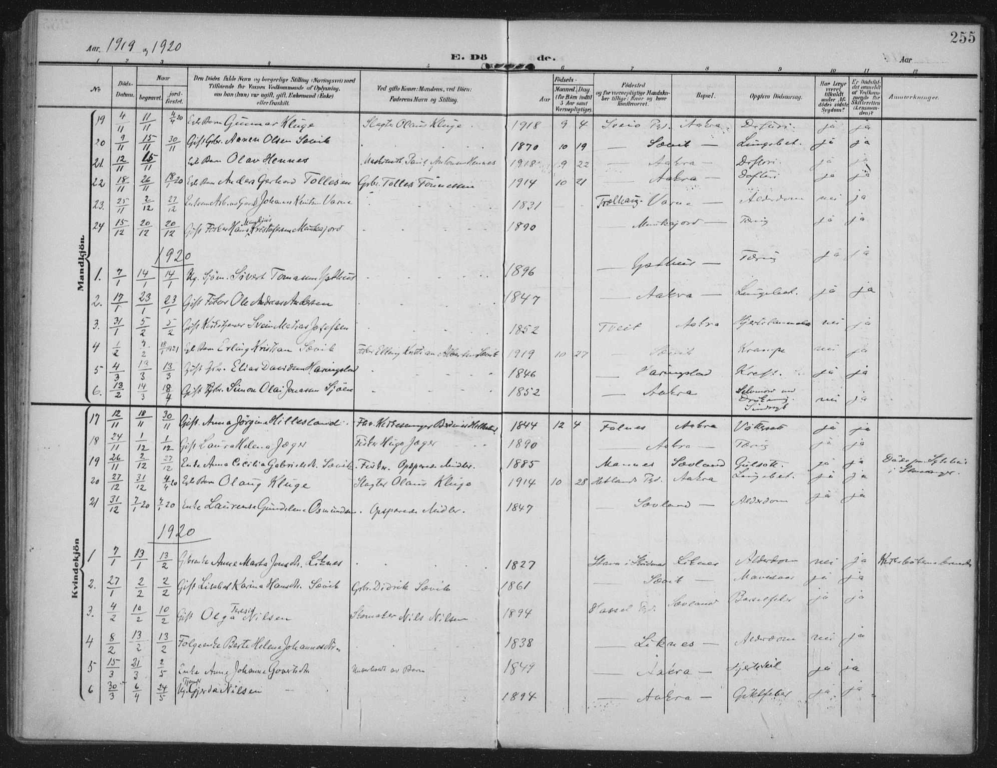 Kopervik sokneprestkontor, SAST/A-101850/H/Ha/Haa/L0005: Parish register (official) no. A 5, 1906-1924, p. 255