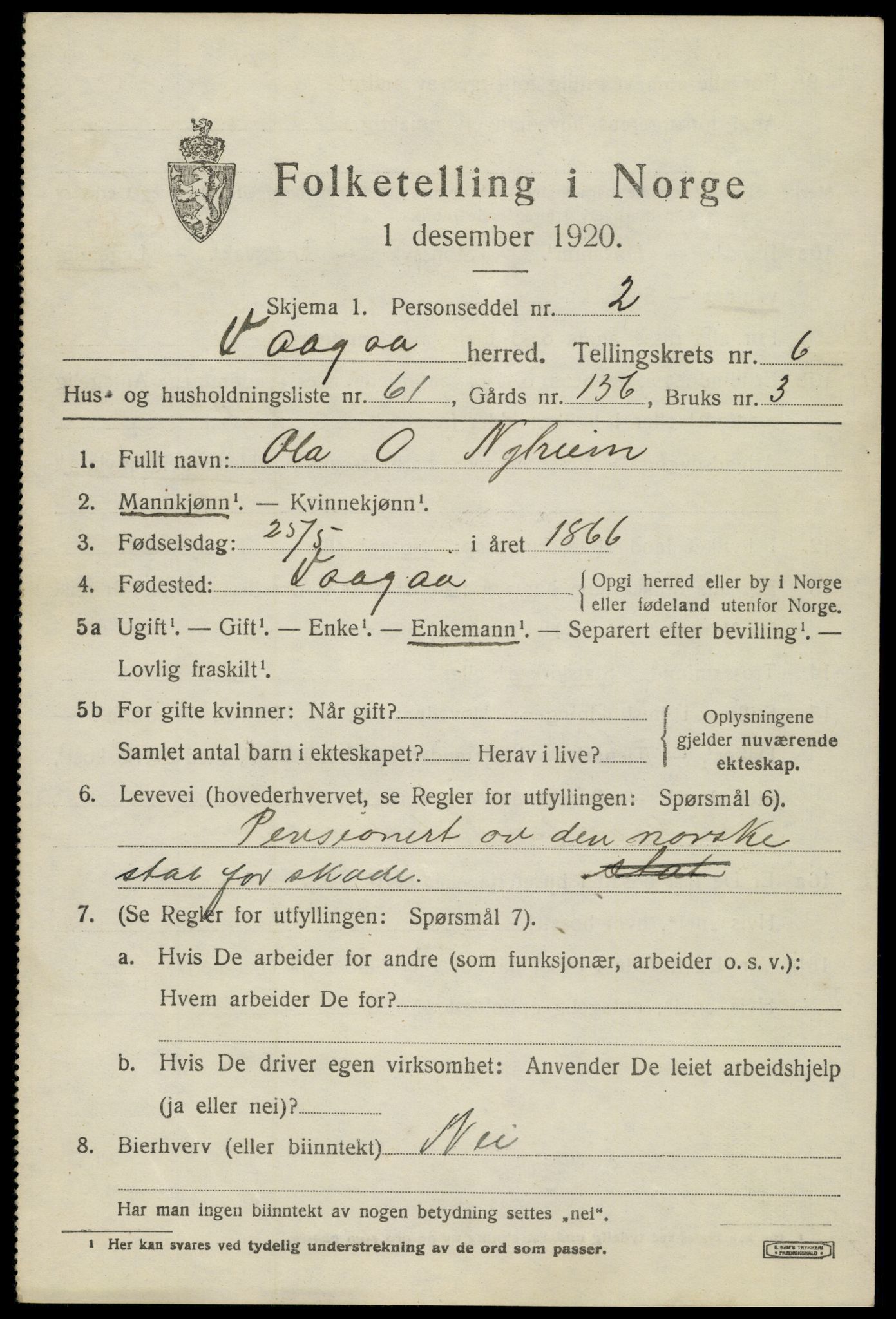 SAH, 1920 census for Vågå, 1920, p. 5288