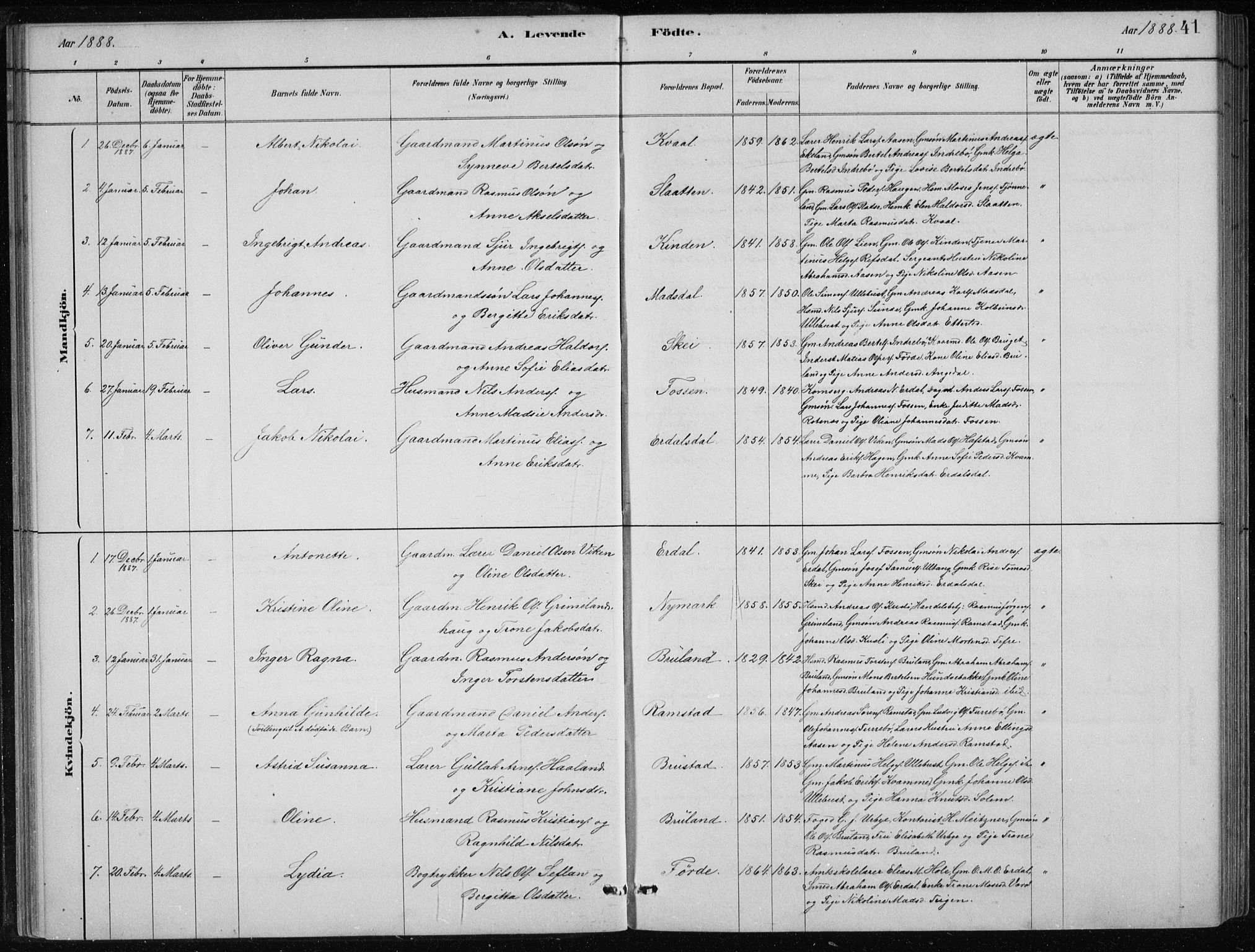 Førde sokneprestembete, SAB/A-79901/H/Hab/Haba/L0002: Parish register (copy) no. A 2, 1881-1898, p. 41