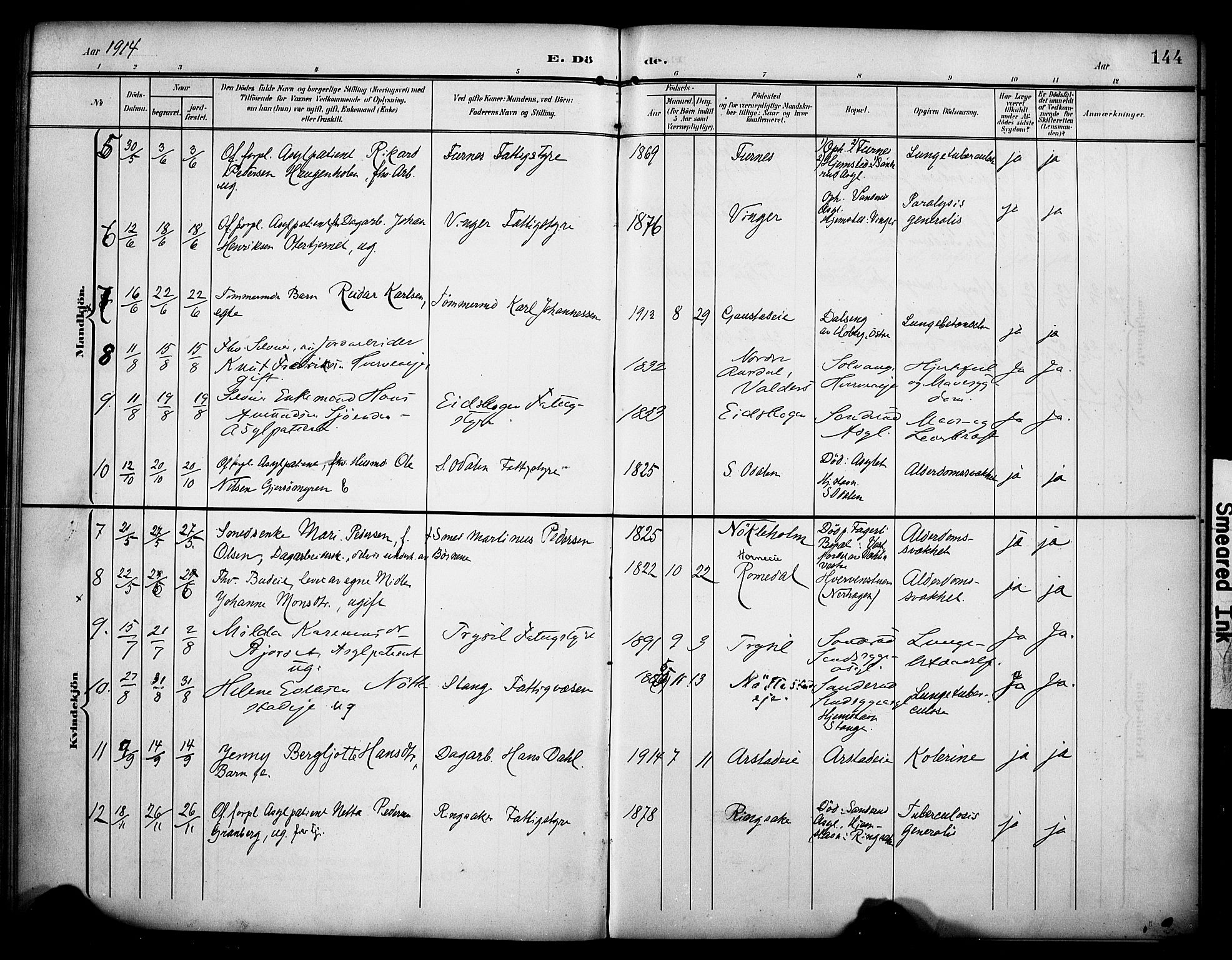 Stange prestekontor, AV/SAH-PREST-002/K/L0022: Parish register (official) no. 22, 1903-1914, p. 144