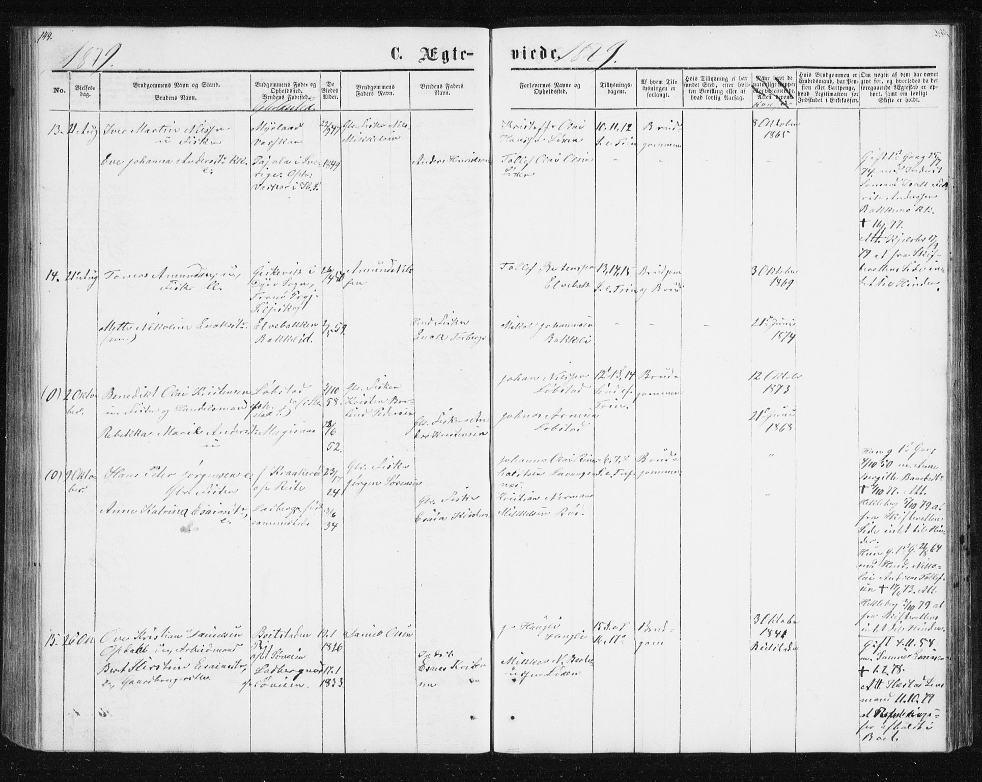 Ibestad sokneprestembete, SATØ/S-0077/H/Ha/Hab/L0013klokker: Parish register (copy) no. 13, 1865-1879, p. 144