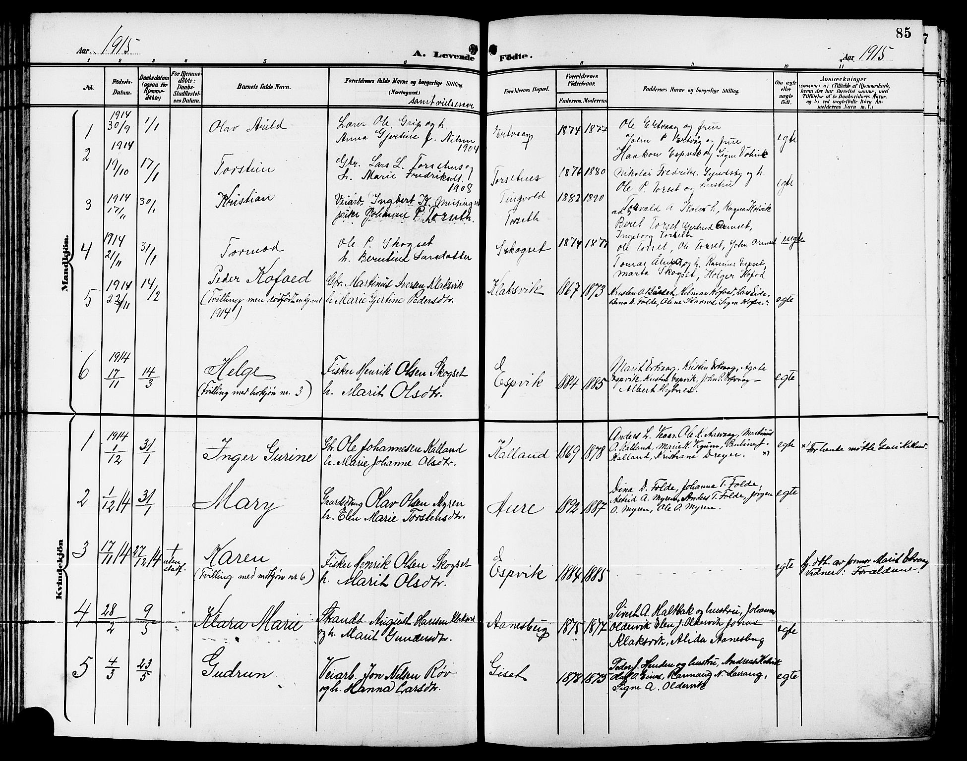 Ministerialprotokoller, klokkerbøker og fødselsregistre - Møre og Romsdal, AV/SAT-A-1454/578/L0910: Parish register (copy) no. 578C03, 1900-1921, p. 85