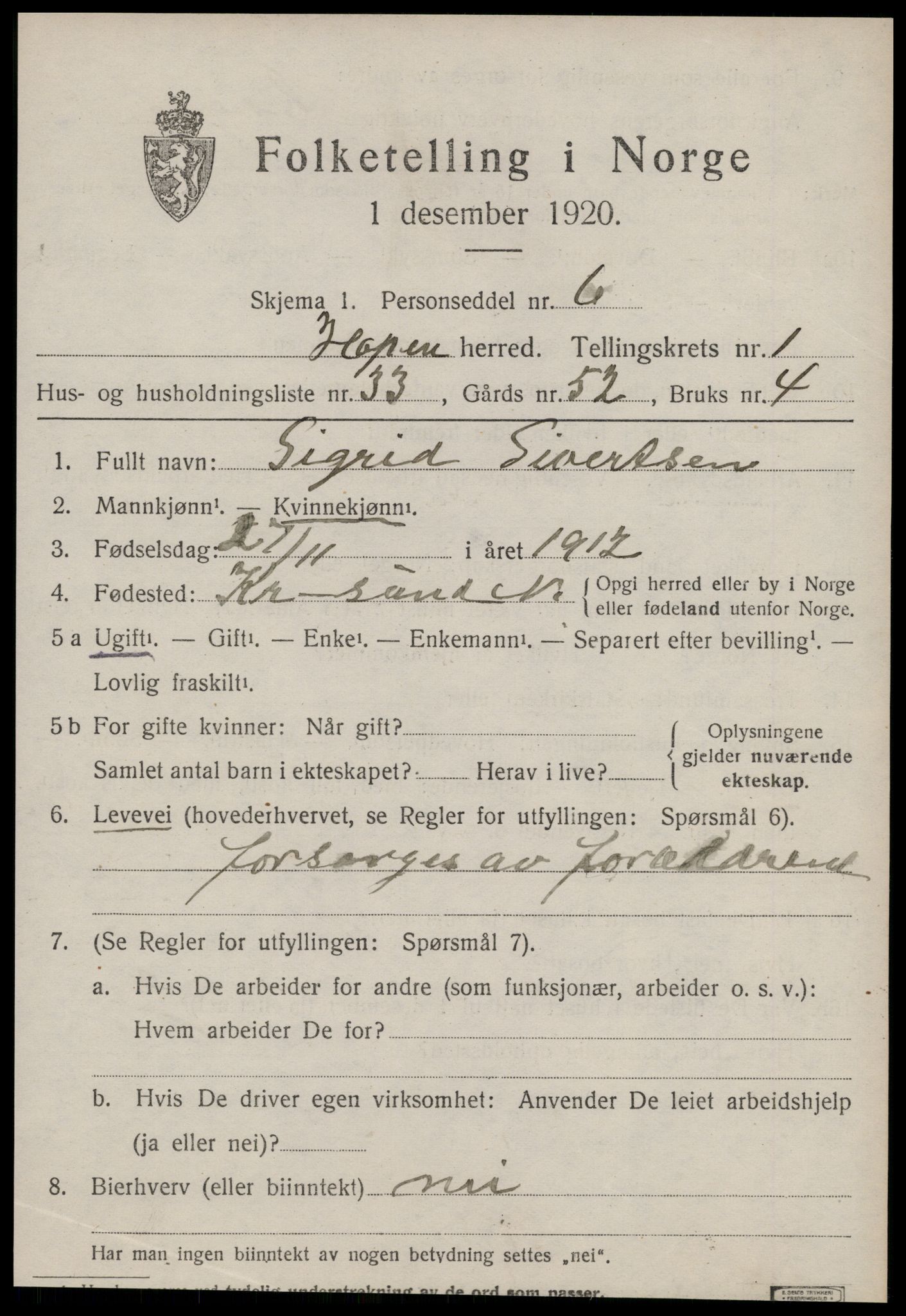 SAT, 1920 census for Hopen, 1920, p. 872