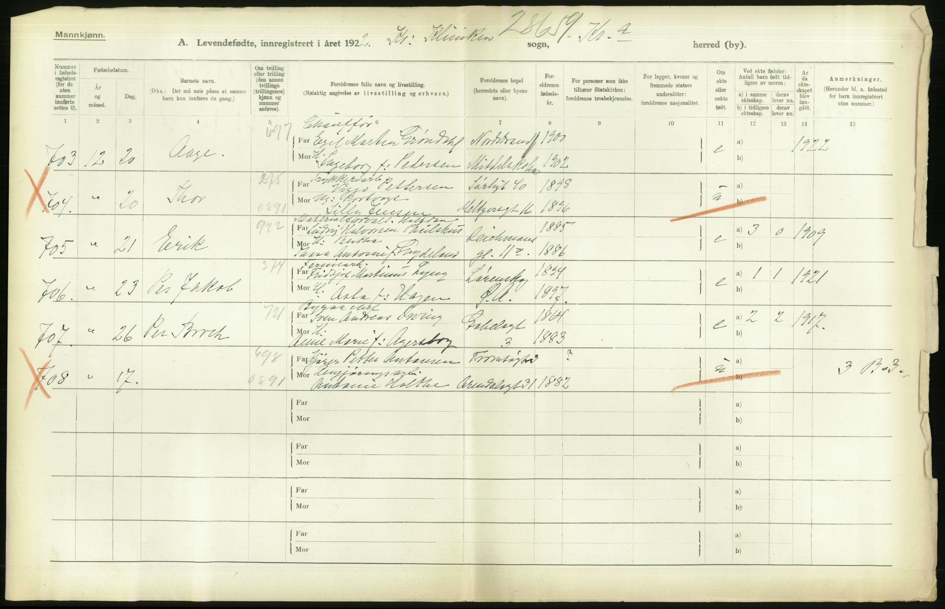 Statistisk sentralbyrå, Sosiodemografiske emner, Befolkning, RA/S-2228/D/Df/Dfc/Dfcb/L0007: Kristiania: Levendefødte menn og kvinner., 1922, p. 514