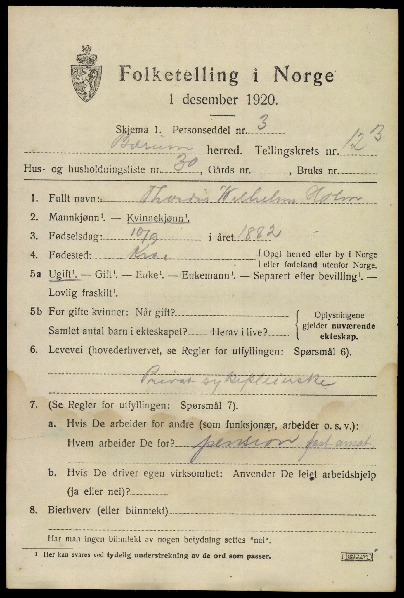 SAO, 1920 census for Bærum, 1920, p. 27906