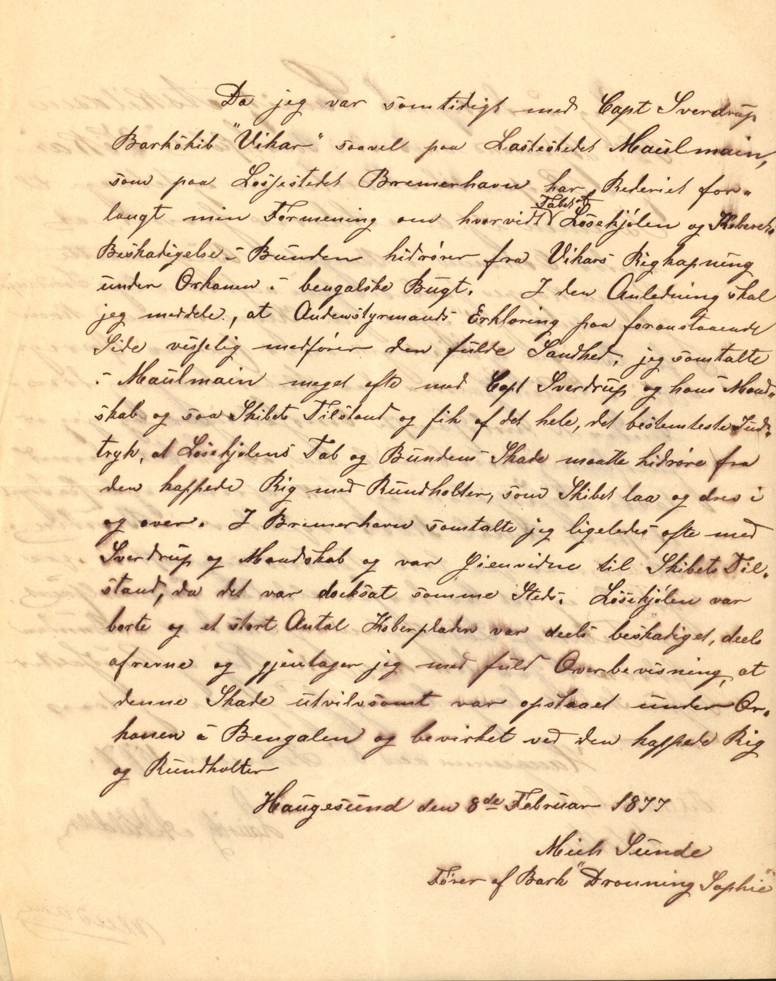 Pa 63 - Østlandske skibsassuranceforening, VEMU/A-1079/G/Ga/L0008/0023: Havaridokumenter / Vikar, 1876