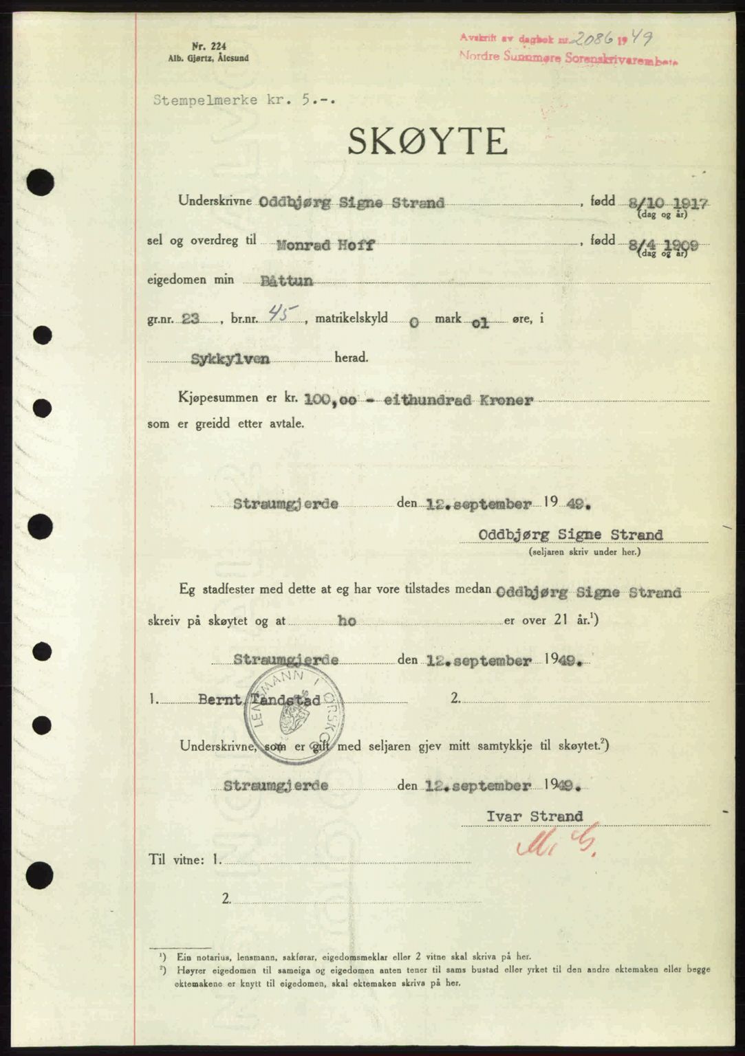 Nordre Sunnmøre sorenskriveri, AV/SAT-A-0006/1/2/2C/2Ca: Mortgage book no. A32, 1949-1949, Diary no: : 2086/1949