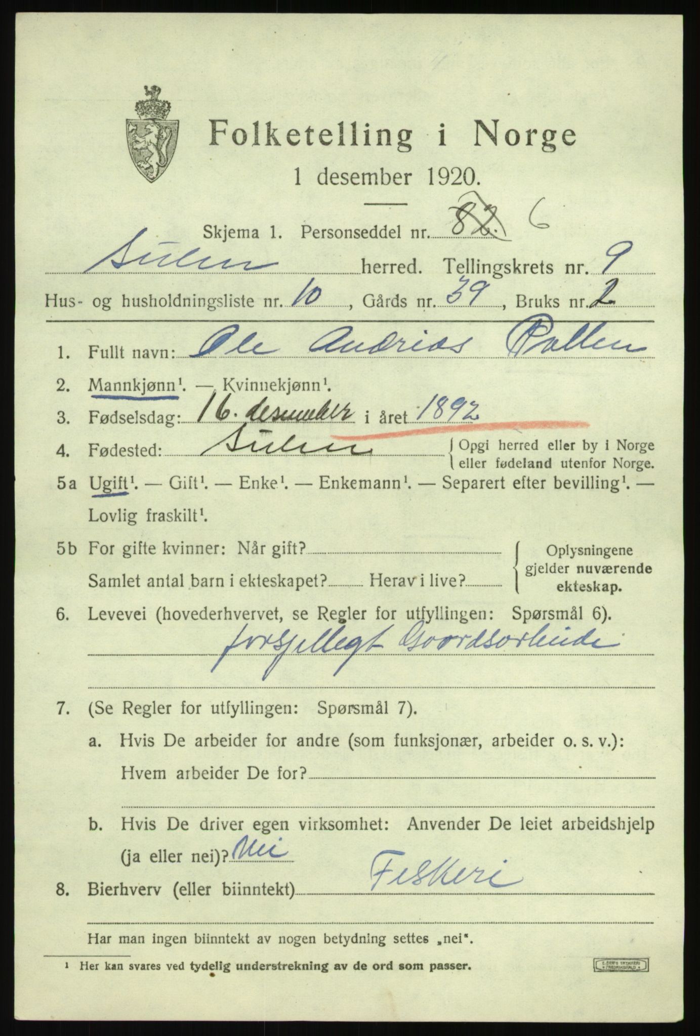 SAB, 1920 census for Solund, 1920, p. 3404